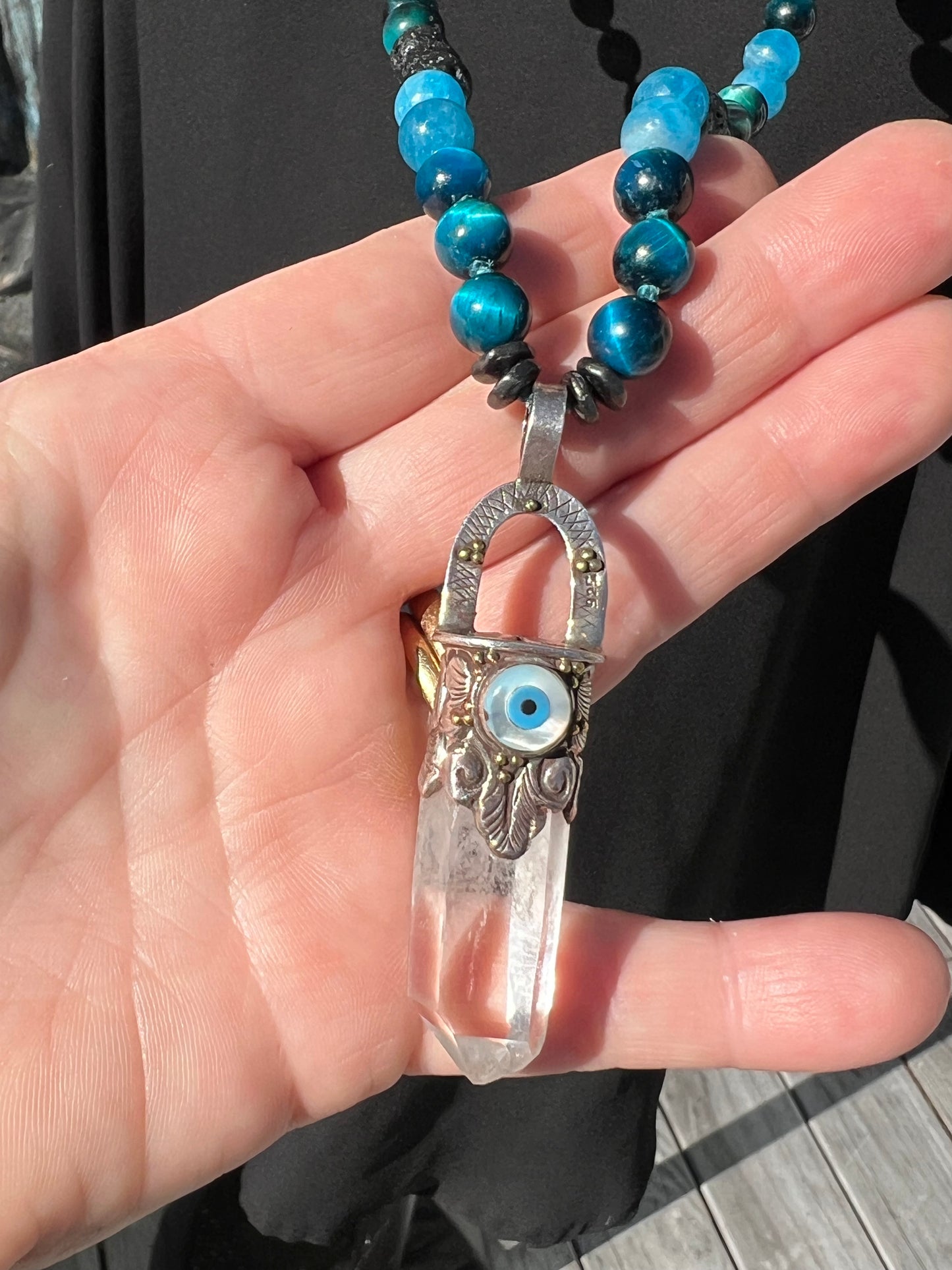 Mālā with Tigers Eye, Apatite Beads and a Clear Quartz Pendant