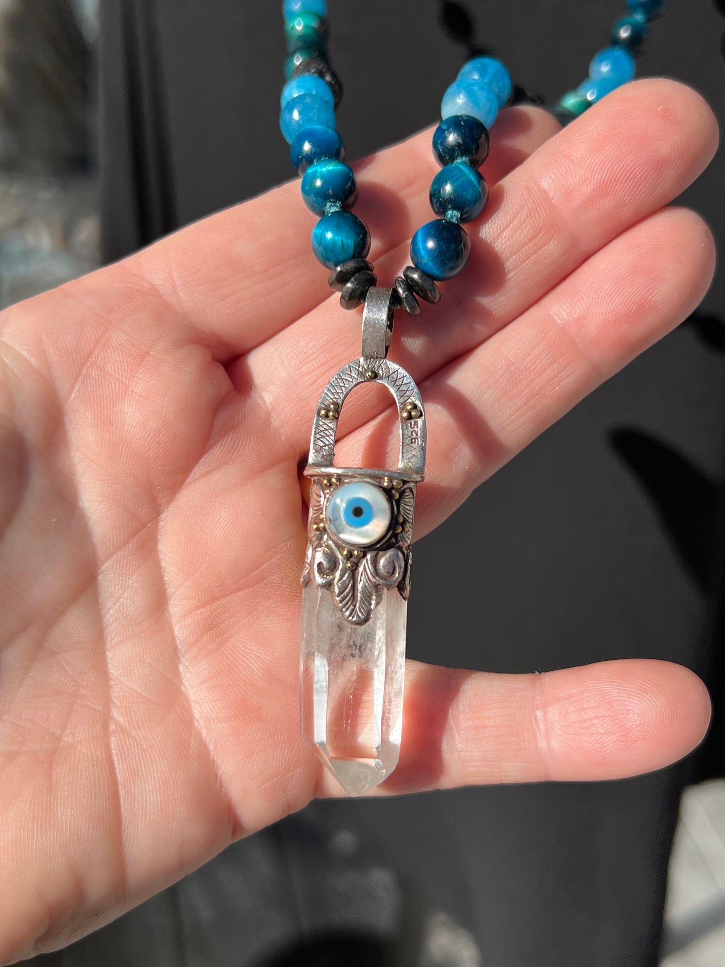 Mālā with Tigers Eye, Apatite Beads and a Clear Quartz Pendant