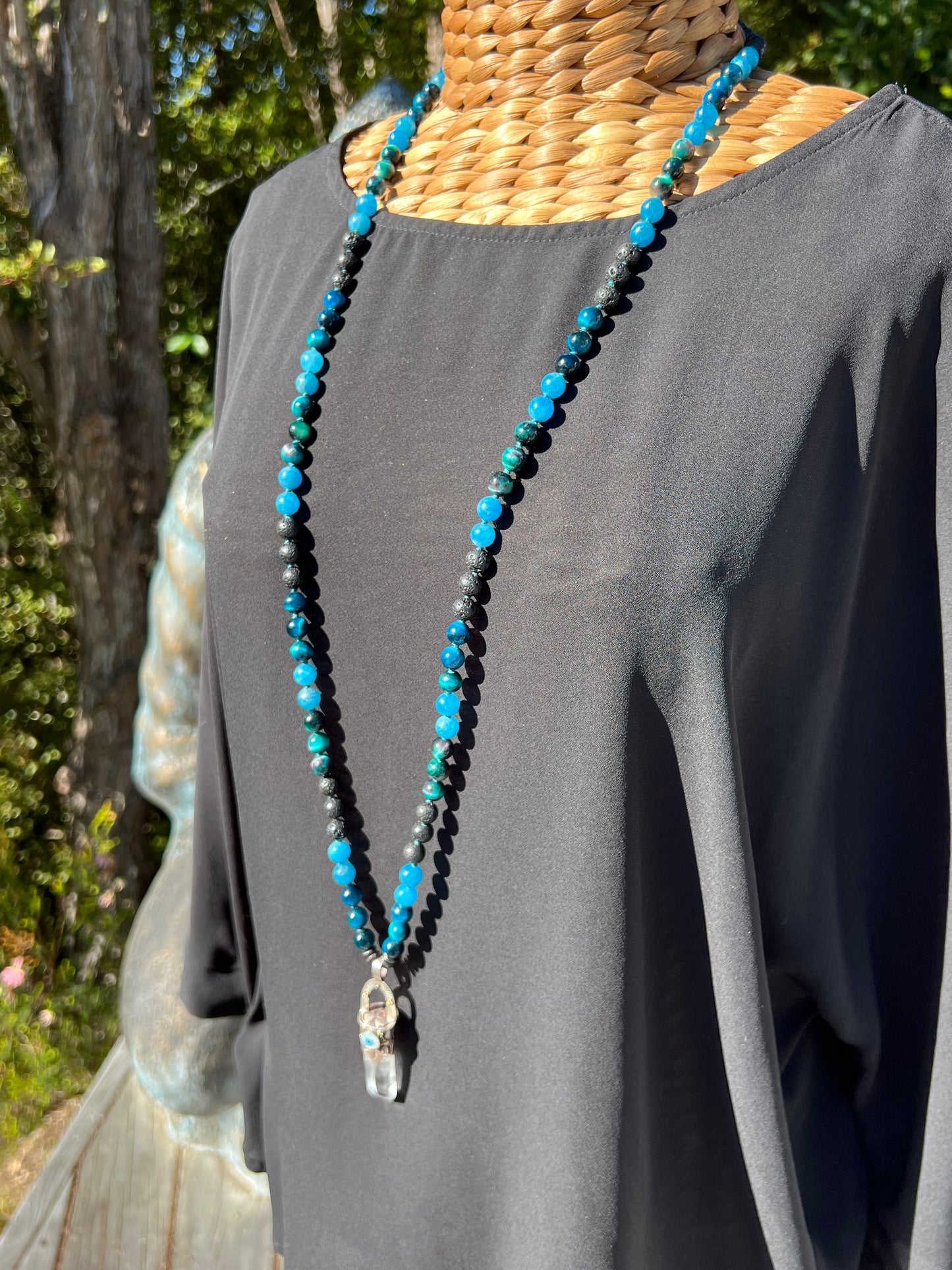 Mālā with Tigers Eye, Apatite Beads and a Clear Quartz Pendant