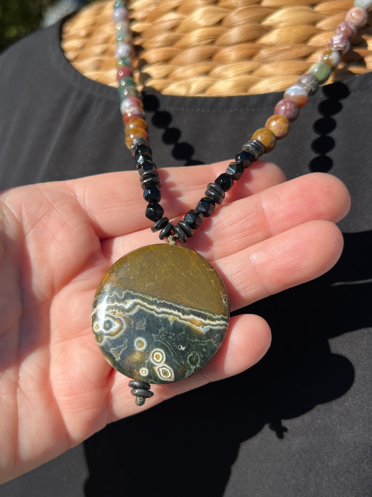 Mālā, Half Mālā with Ocean Jasper Pendant, Ocean Jasper Beads