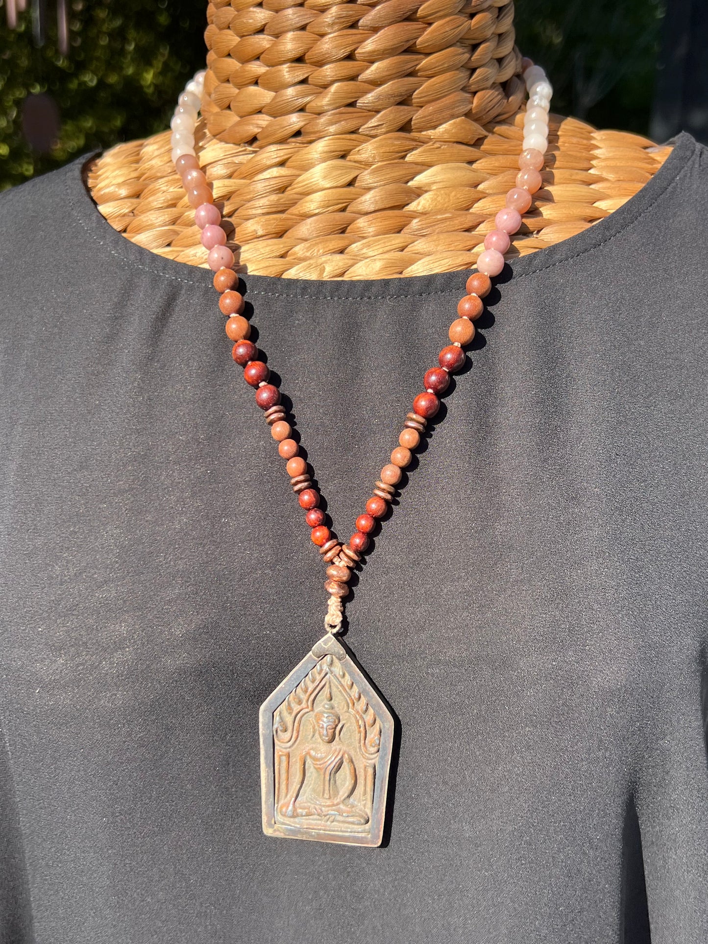 Half Mālā with Sunstone, Haitian Flower Rhodonite and Cherry Blossom Agate, Sandalwood, Indian Rosewood and Peach Aventurine with a Thai Buddha Pendant