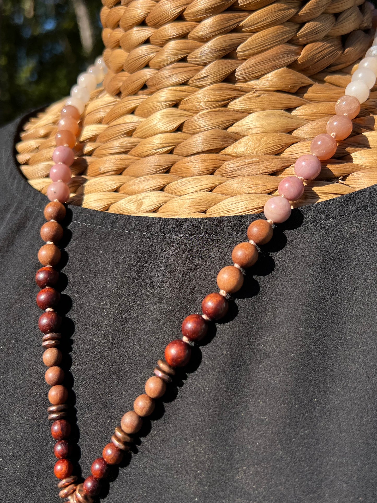 Half Mālā with Sunstone, Haitian Flower Rhodonite and Cherry Blossom Agate, Sandalwood, Indian Rosewood and Peach Aventurine with a Thai Buddha Pendant