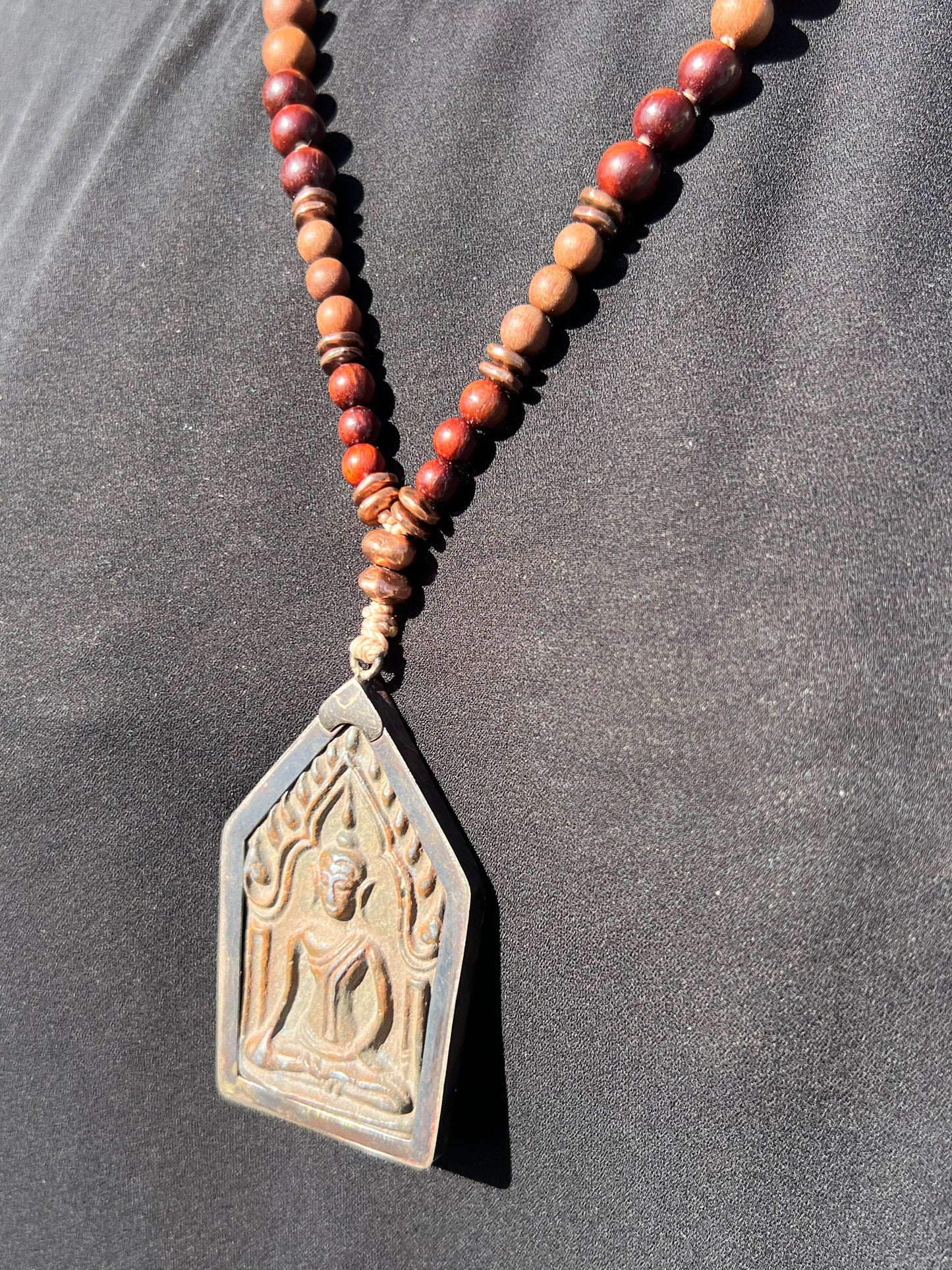 Half Mālā with Sunstone, Haitian Flower Rhodonite and Cherry Blossom Agate, Sandalwood, Indian Rosewood and Peach Aventurine with a Thai Buddha Pendant