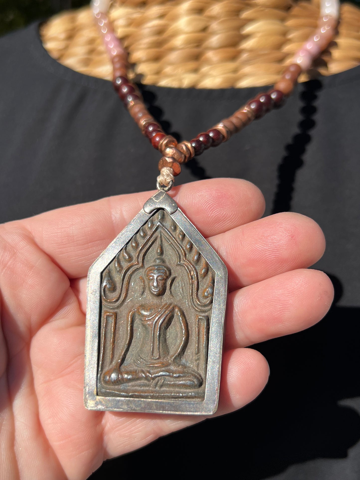 Half Mālā with Sunstone, Haitian Flower Rhodonite and Cherry Blossom Agate, Sandalwood, Indian Rosewood and Peach Aventurine with a Thai Buddha Pendant