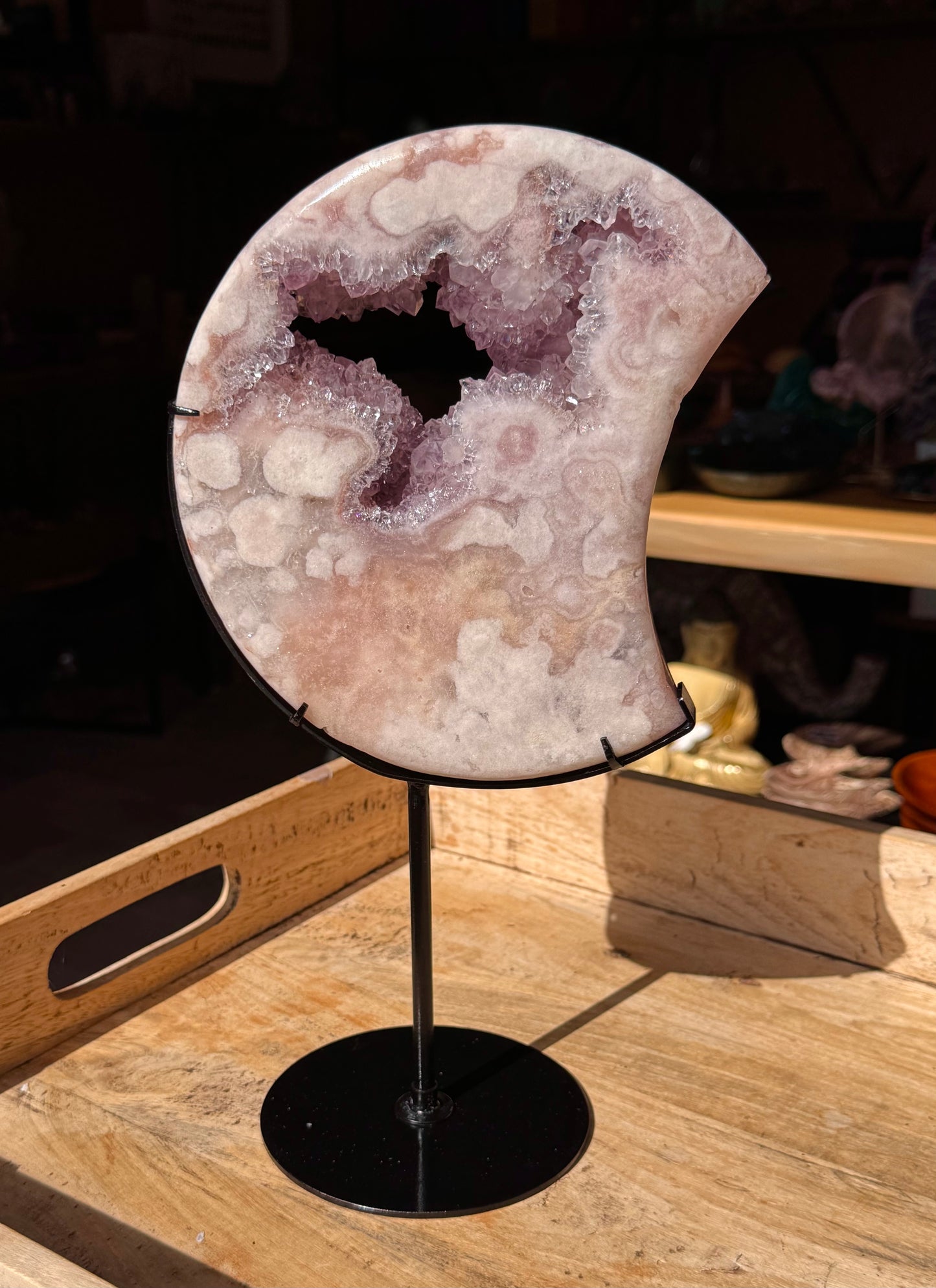 Pink Amethyst carved Crescent Moon - Rare Druze