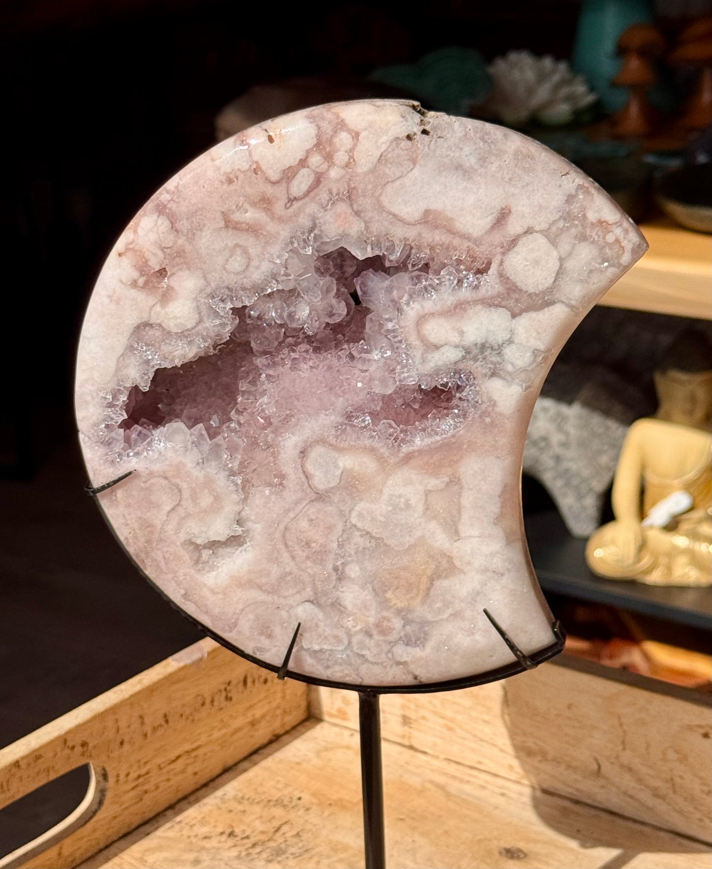 RESERVED FOR CAROLINE Pink Amethyst carved Crescent Moon - Rare Druze