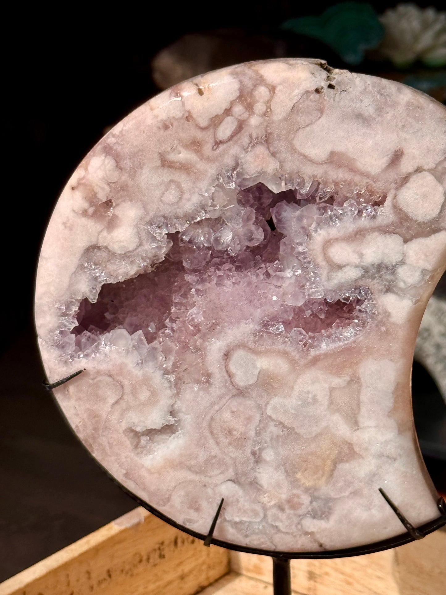 RESERVED FOR CAROLINE Pink Amethyst carved Crescent Moon - Rare Druze