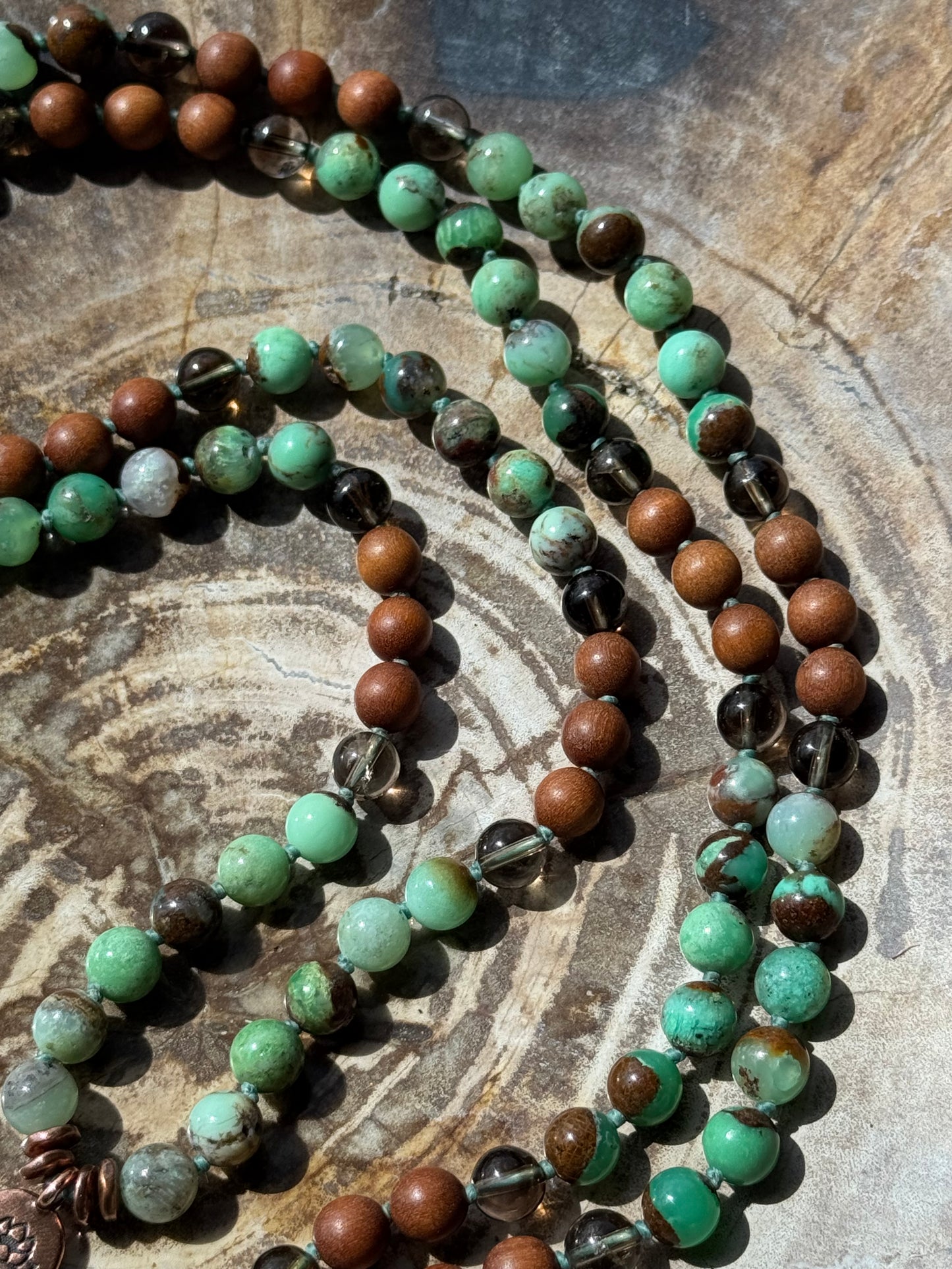 Mālā with Chrysoprase, Smoky Quartz, Sandalwood with a Australian Chrysoprase Guru Bead/Pendant (Copy)