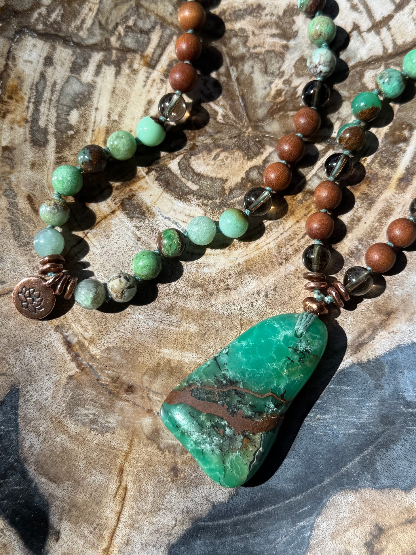 Mālā with Chrysoprase, Smoky Quartz, Sandalwood with a Australian Chrysoprase Guru Bead/Pendant (Copy)