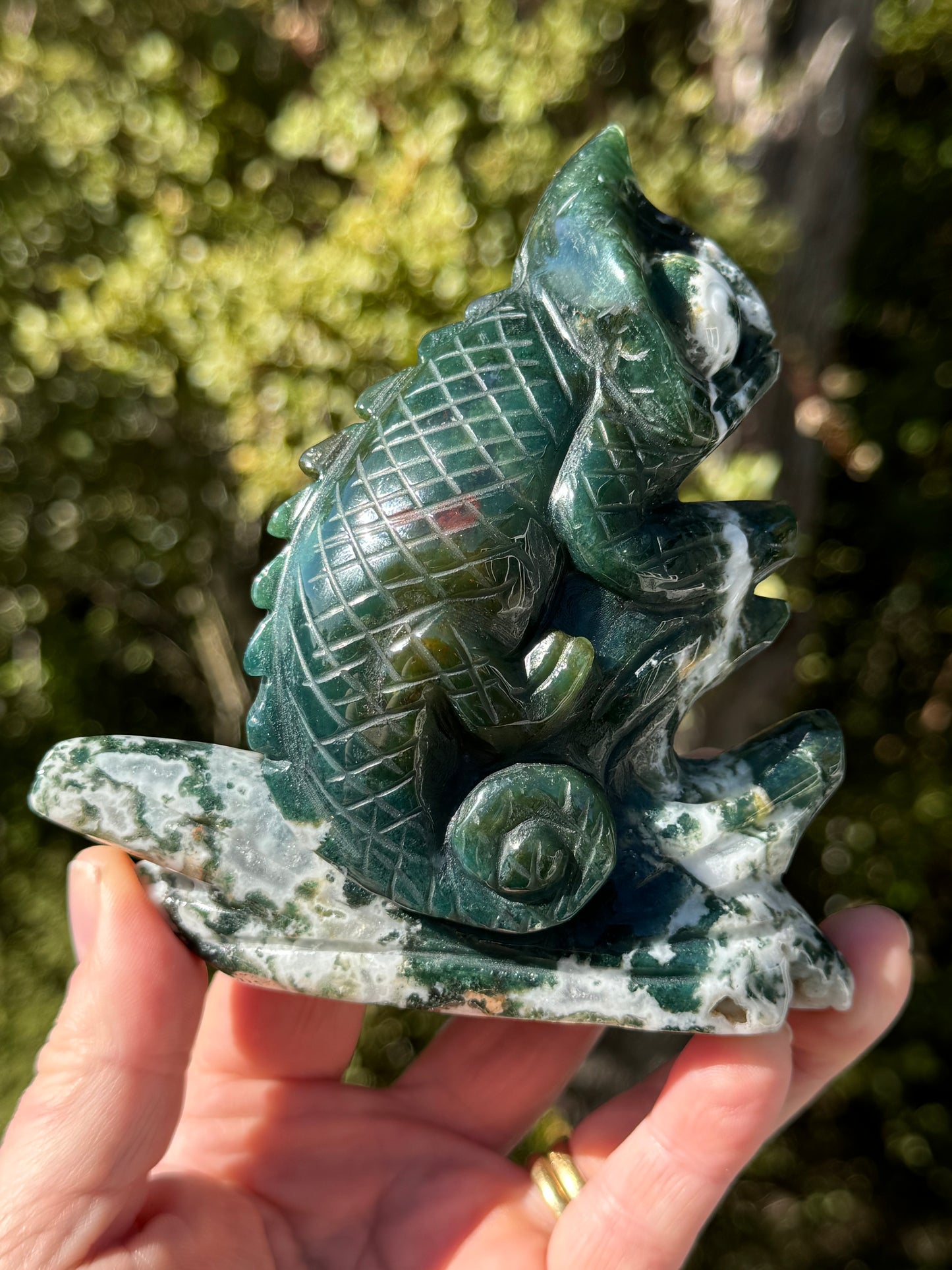 Moss Agate Chameleon carving