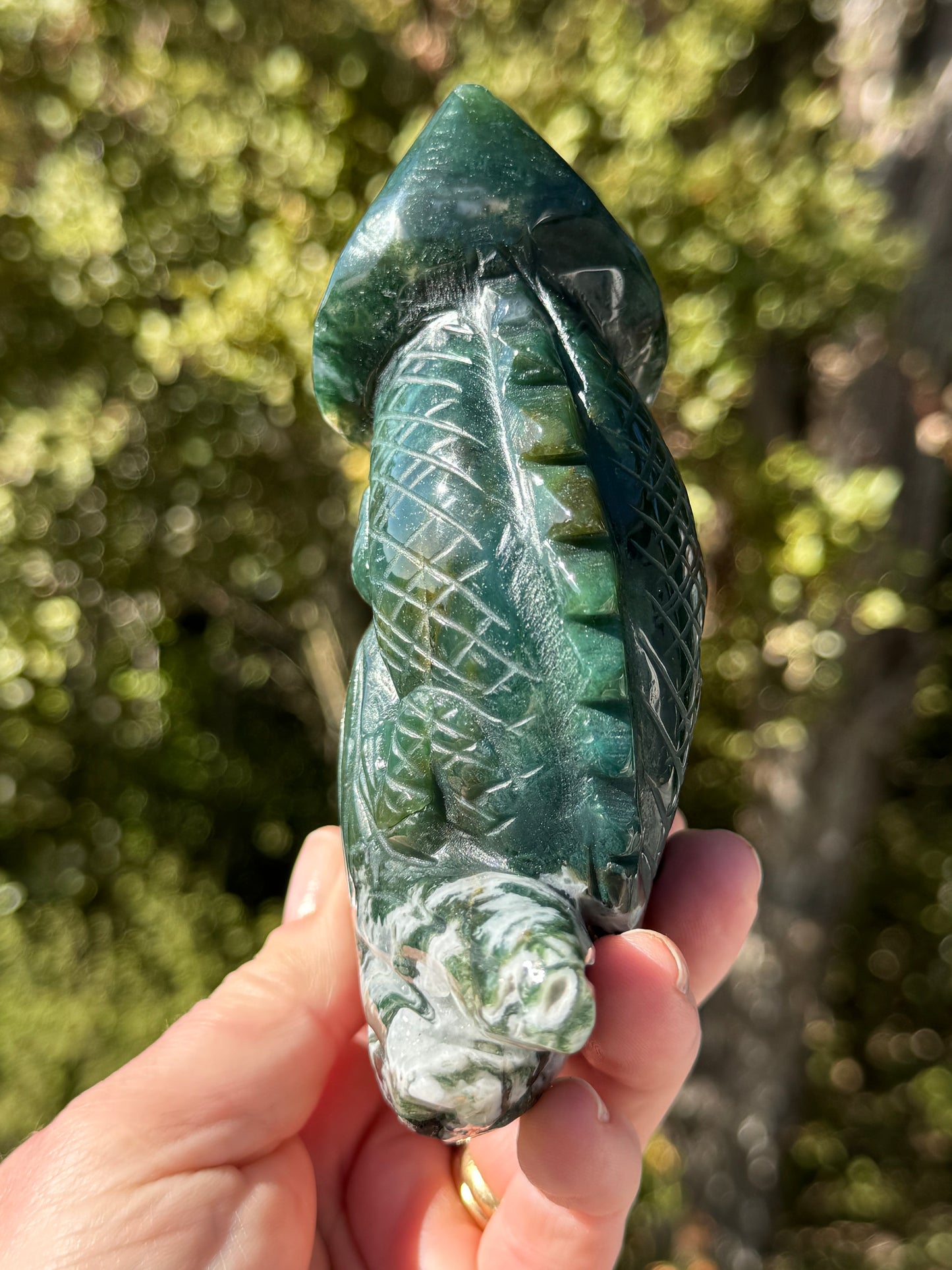 Moss Agate Chameleon carving