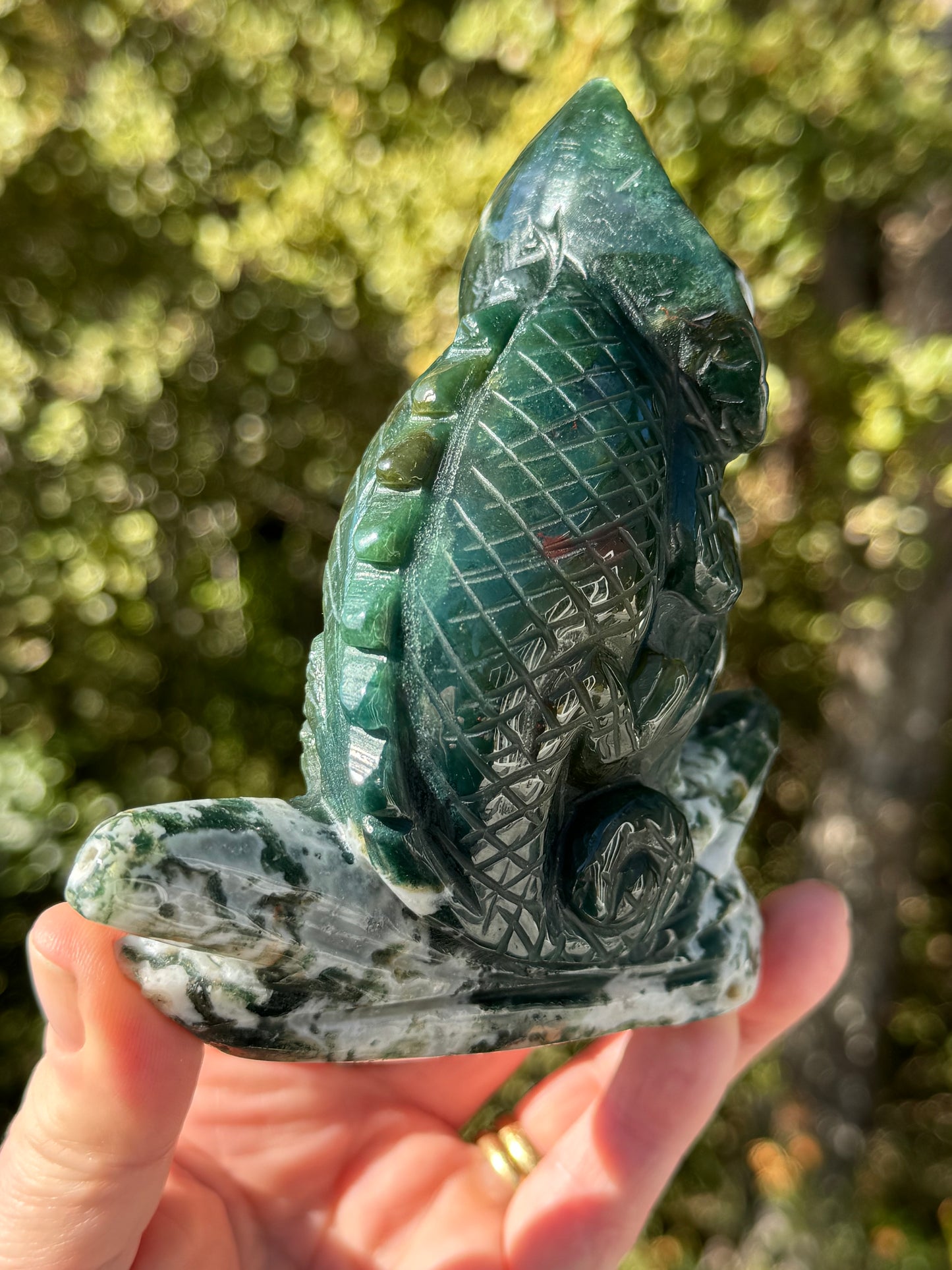 Moss Agate Chameleon carving