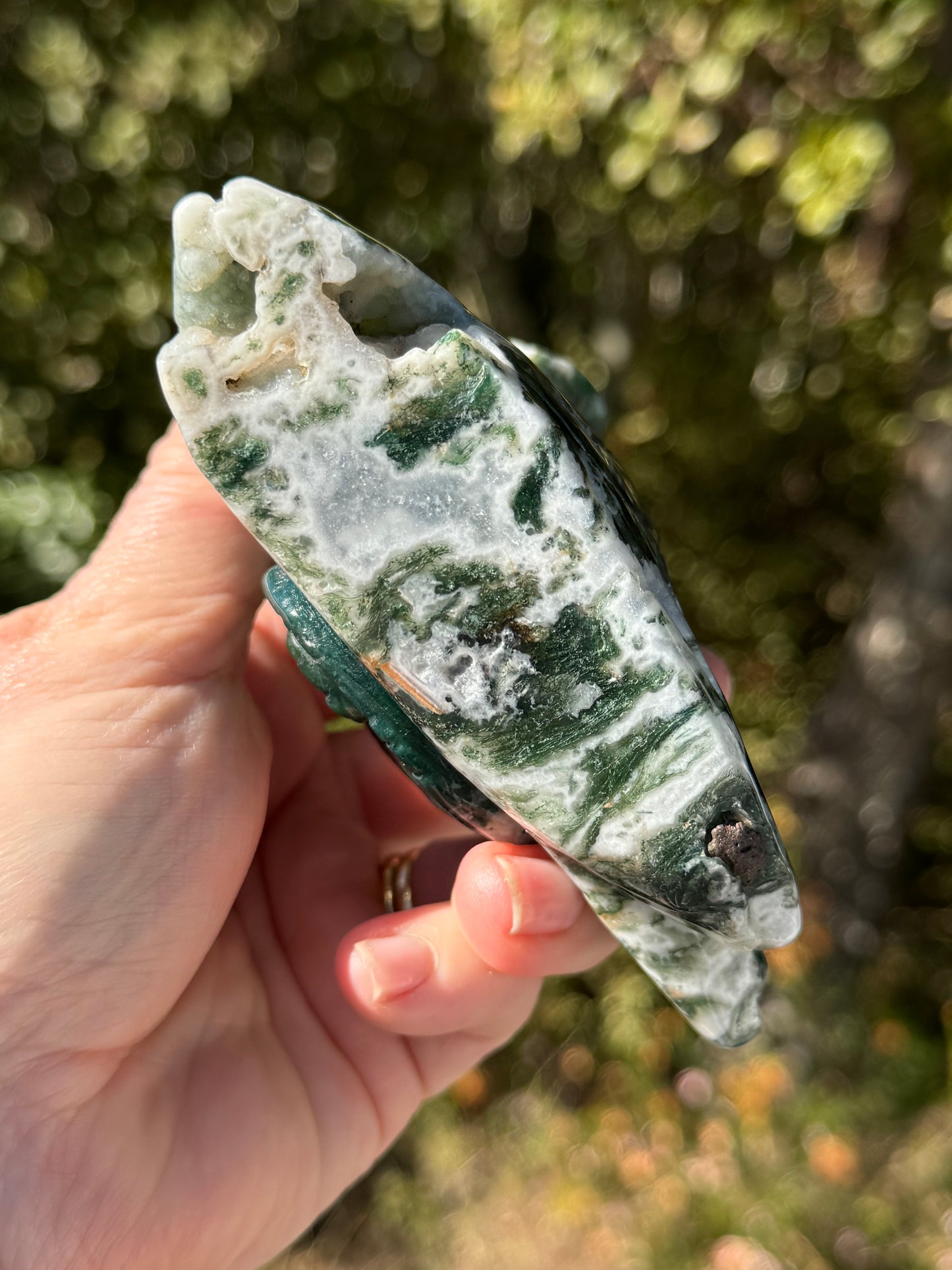 Moss Agate Chameleon carving