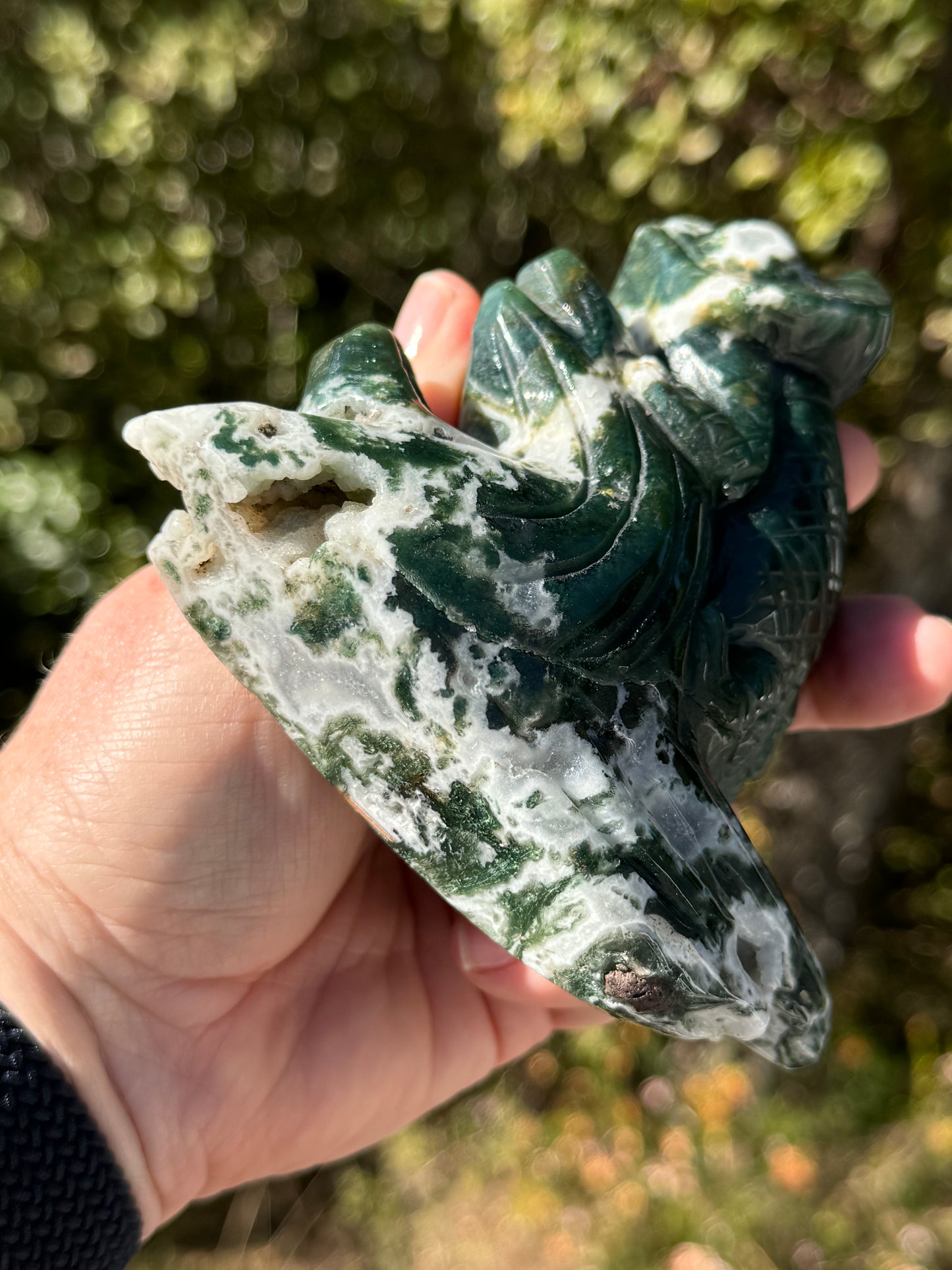 Moss Agate Chameleon carving