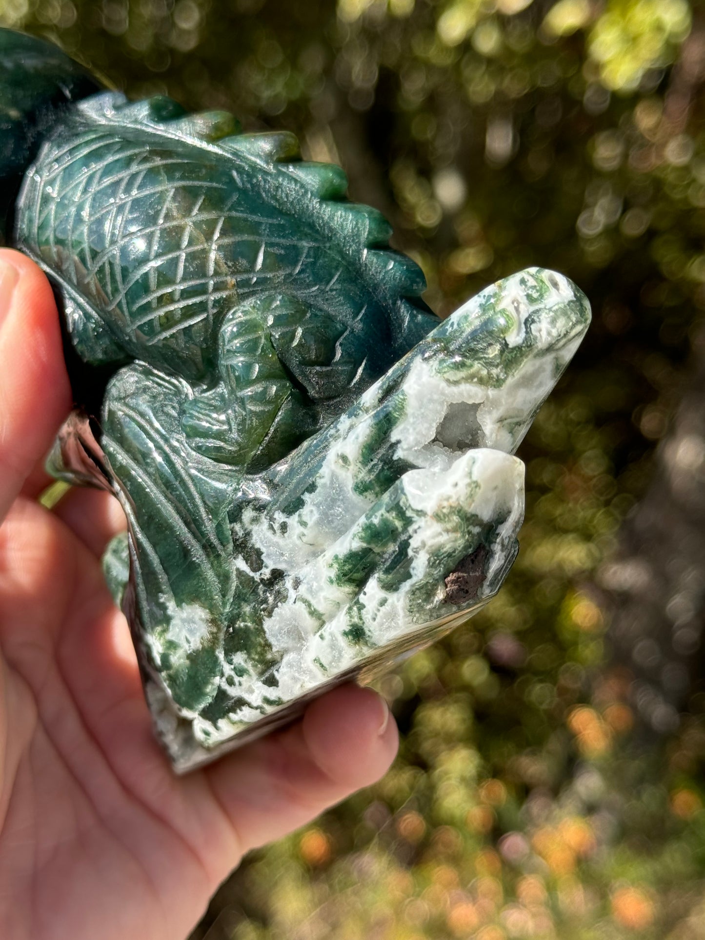 Moss Agate Chameleon carving