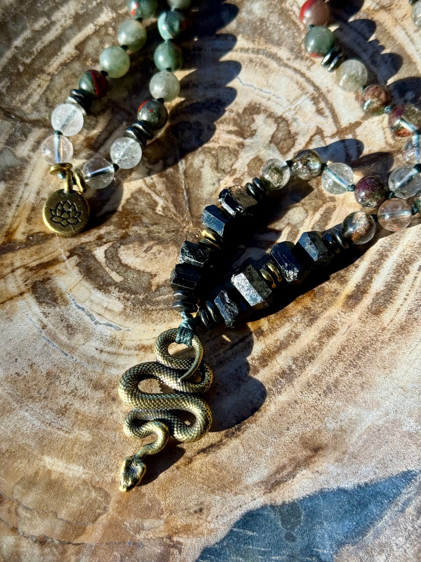 Mālā, half with Lodalite, Bloodstone and Black Tourmaline Beads with a Snake Pendant