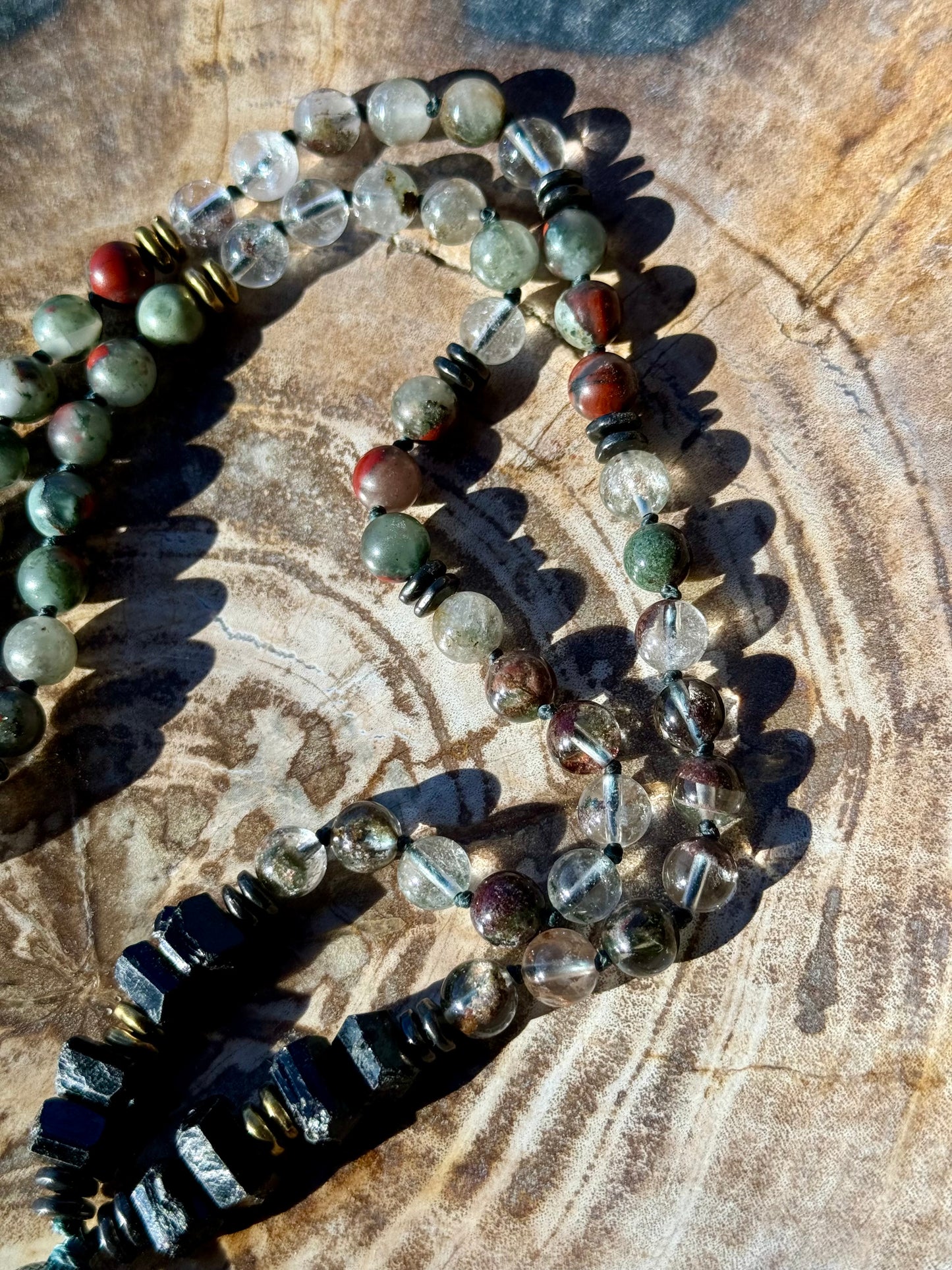 Mālā, half with Lodalite, Bloodstone and Black Tourmaline Beads with a Snake Pendant