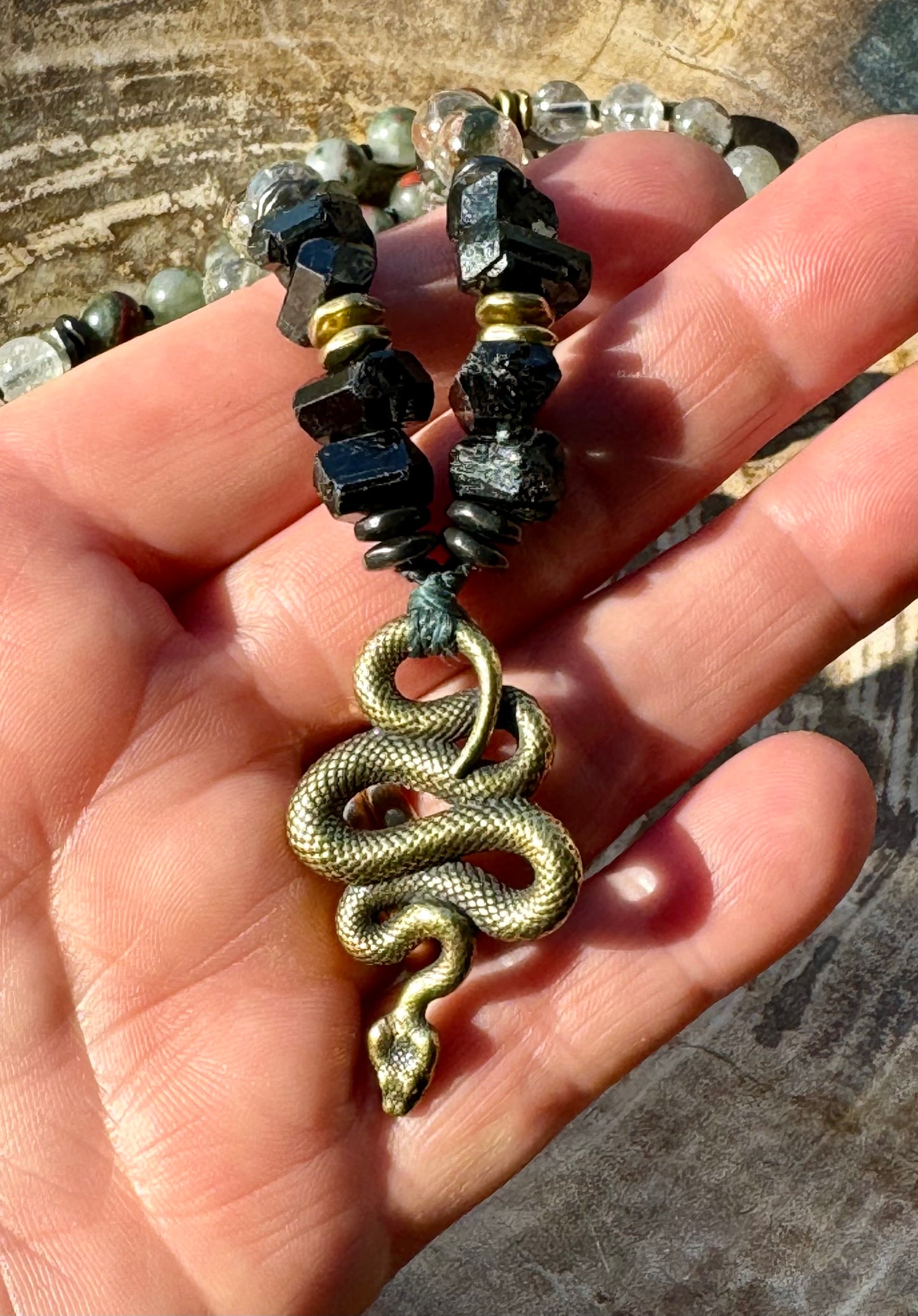 Mālā, half with Lodalite, Bloodstone and Black Tourmaline Beads with a Snake Pendant