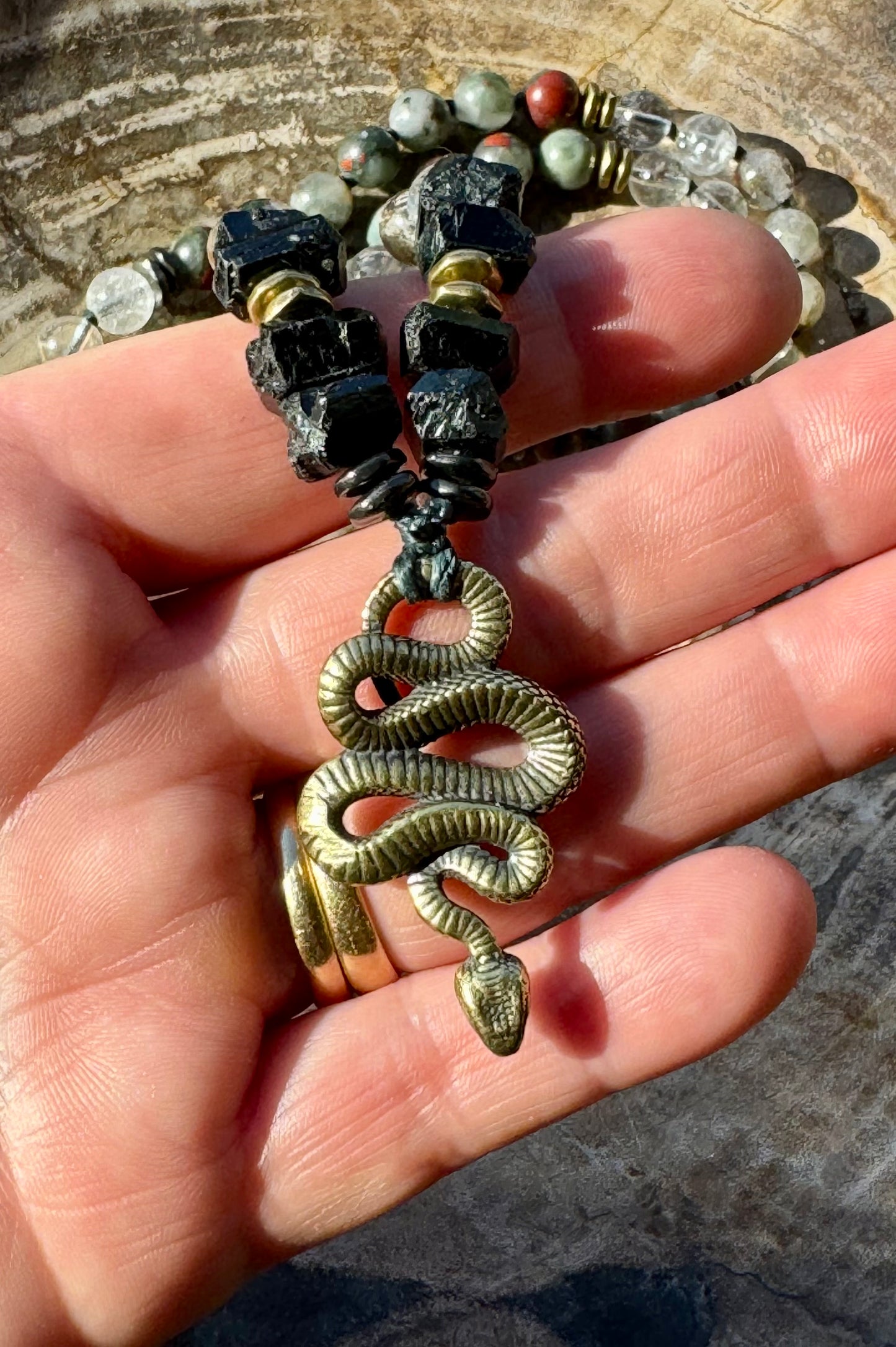 Mālā, half with Lodalite, Bloodstone and Black Tourmaline Beads with a Snake Pendant