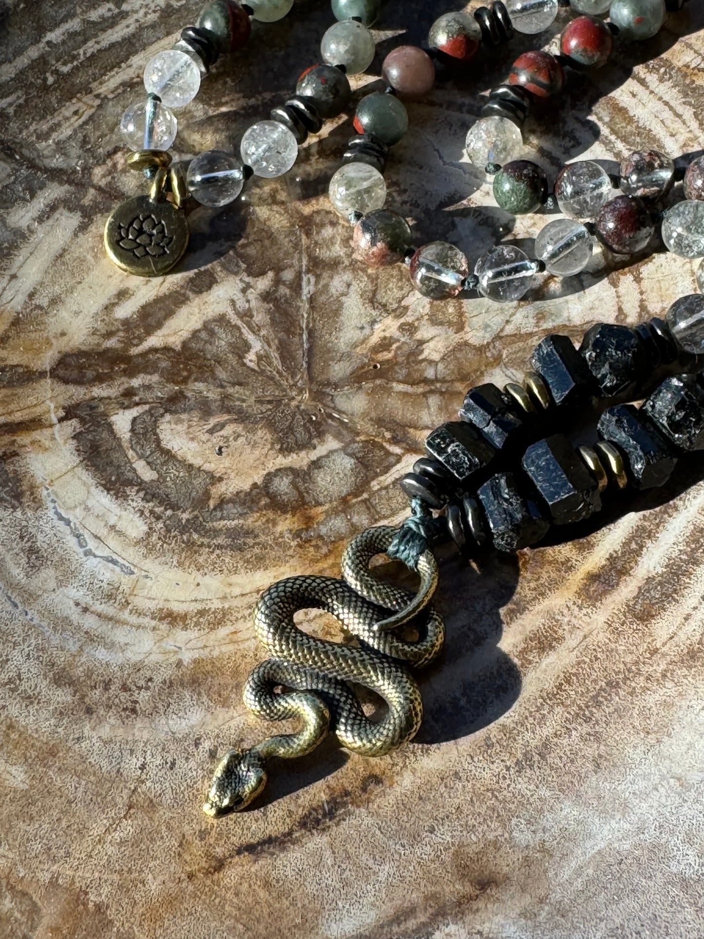 Mālā, half with Lodalite, Bloodstone and Black Tourmaline Beads with a Snake Pendant