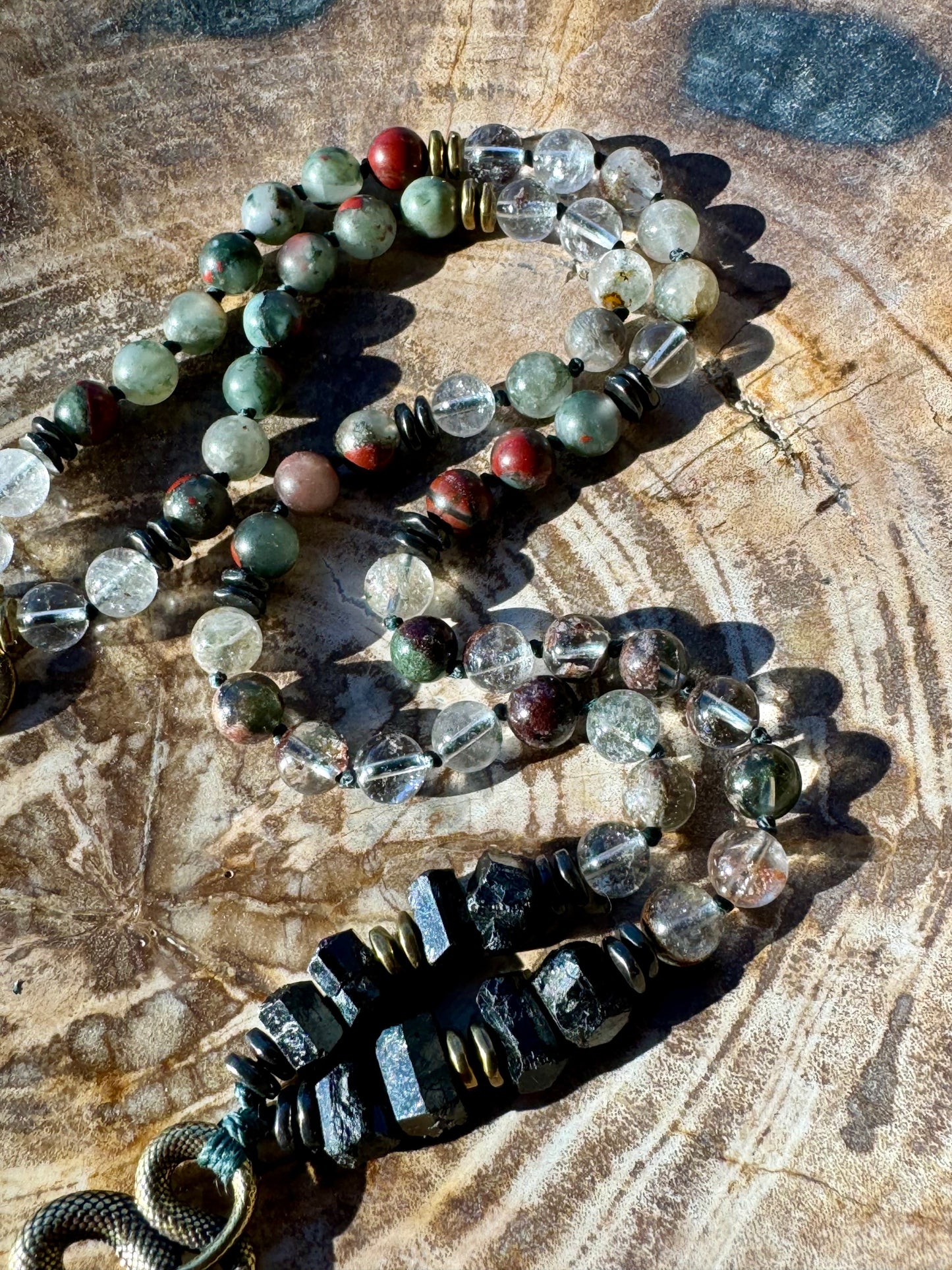 Mālā, half with Lodalite, Bloodstone and Black Tourmaline Beads with a Snake Pendant
