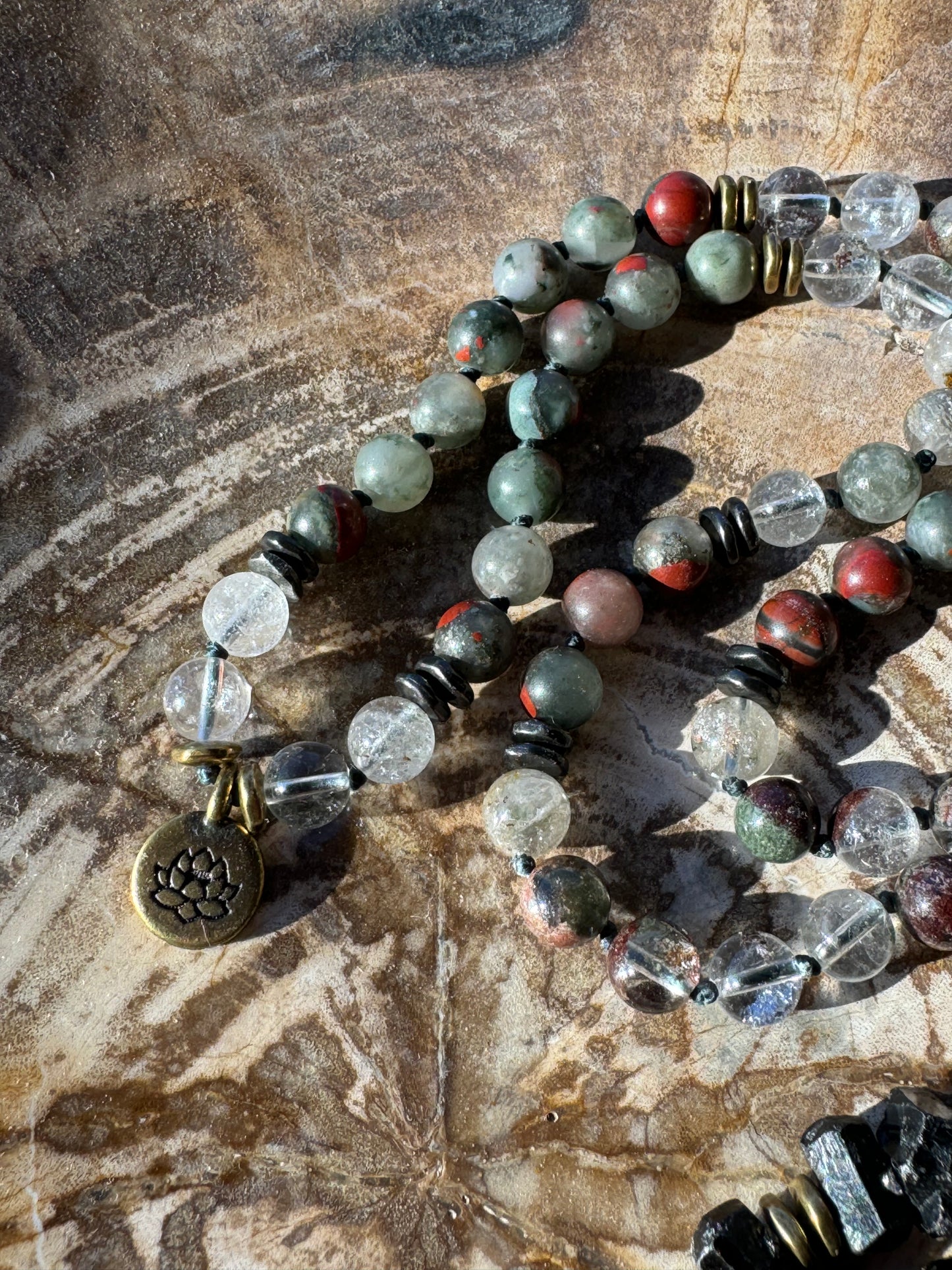 Mālā, half with Lodalite, Bloodstone and Black Tourmaline Beads with a Snake Pendant