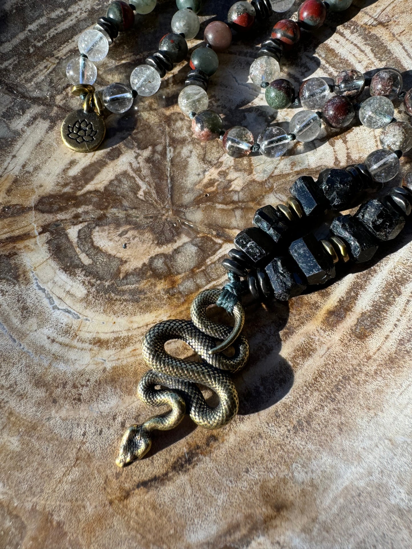 Mālā, half with Lodalite, Bloodstone and Black Tourmaline Beads with a Snake Pendant