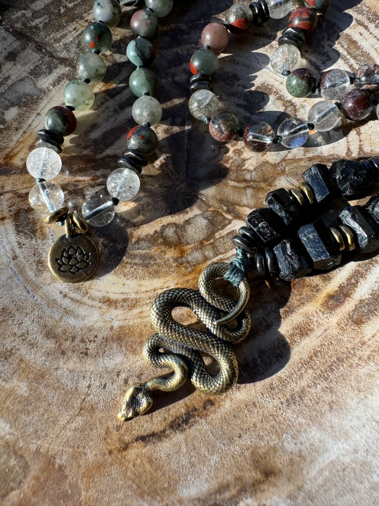 Mālā, half with Lodalite, Bloodstone and Black Tourmaline Beads with a Snake Pendant