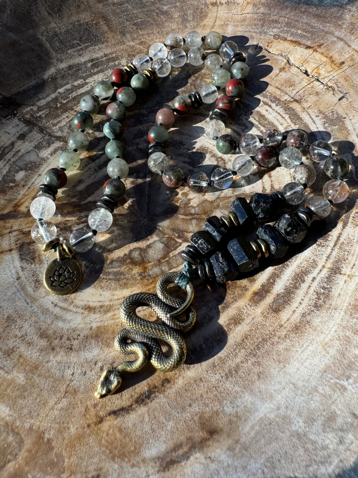 Mālā, half with Lodalite, Bloodstone and Black Tourmaline Beads with a Snake Pendant