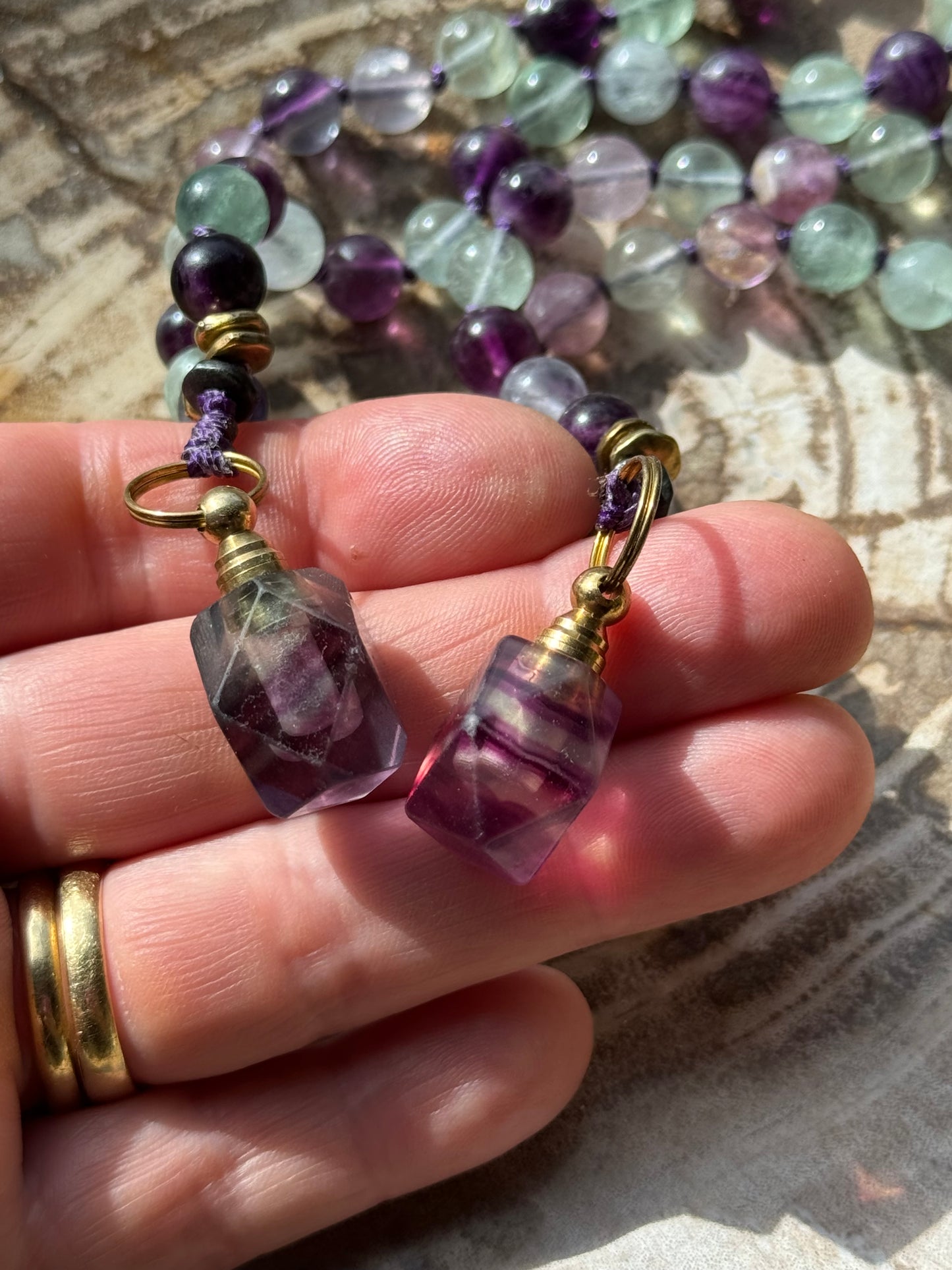 Pocket Mālā with Rainbow Fluorite beads and Oil Bottle