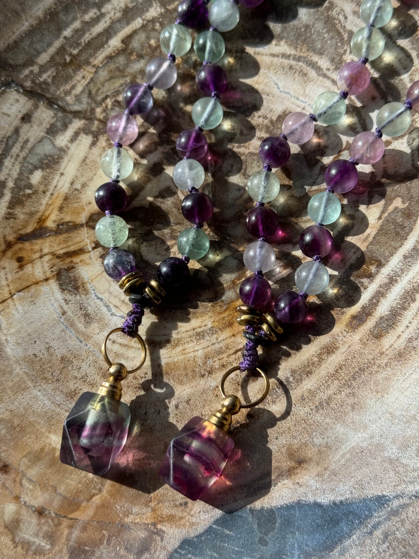 Pocket Mālā with Rainbow Fluorite beads and Oil Bottle