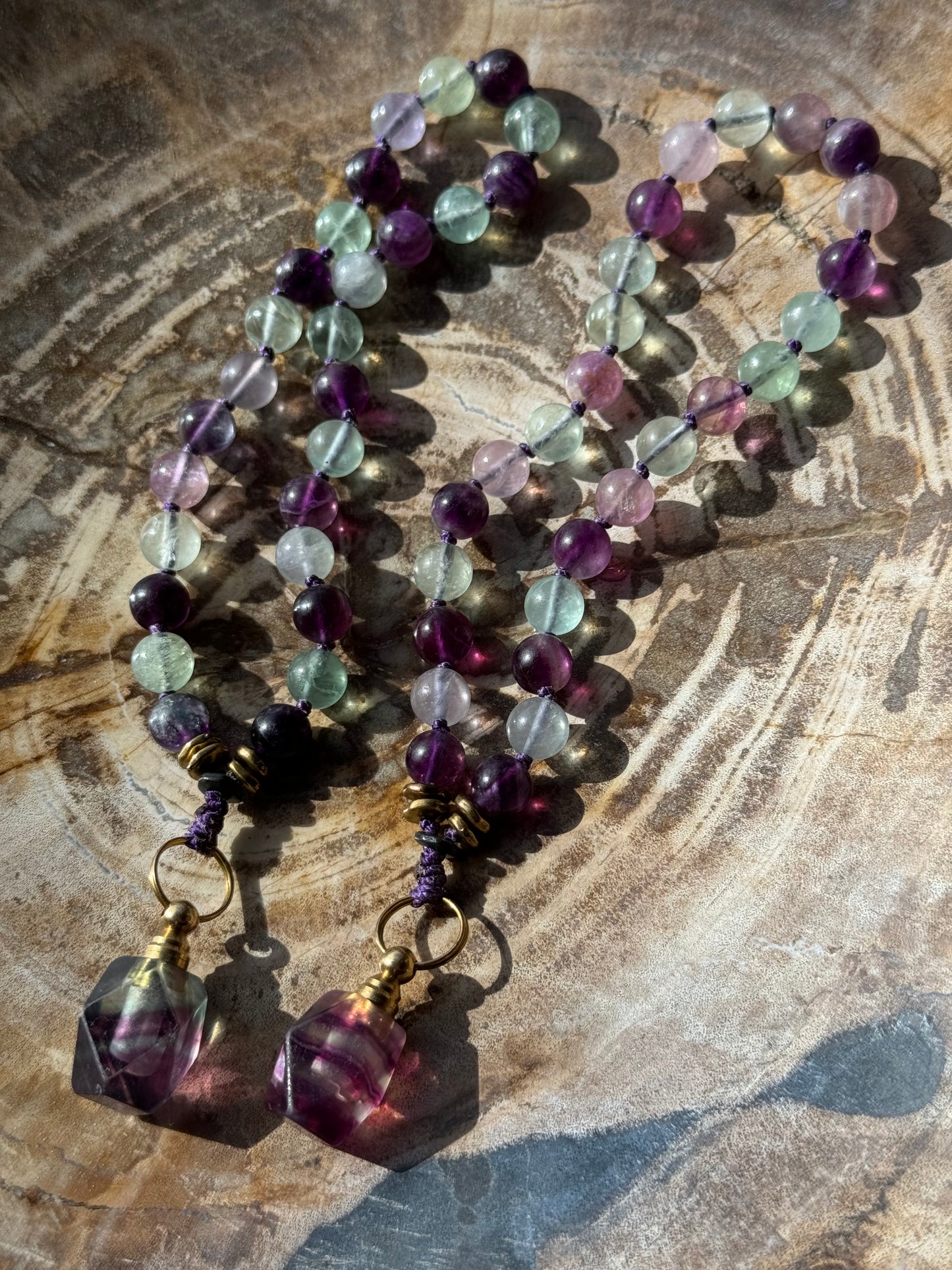 Pocket Mālā with Rainbow Fluorite beads and Oil Bottle