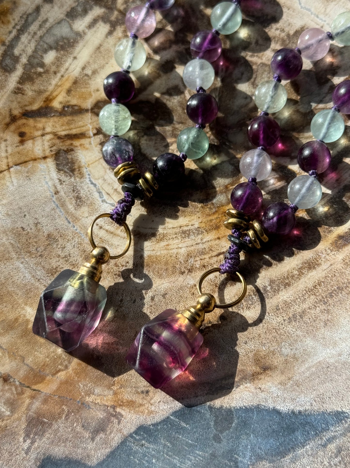 Pocket Mālā with Rainbow Fluorite beads and Oil Bottle