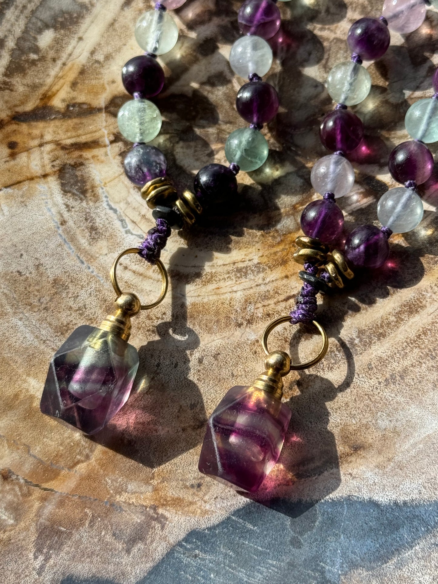 Pocket Mālā with Rainbow Fluorite beads and Oil Bottle