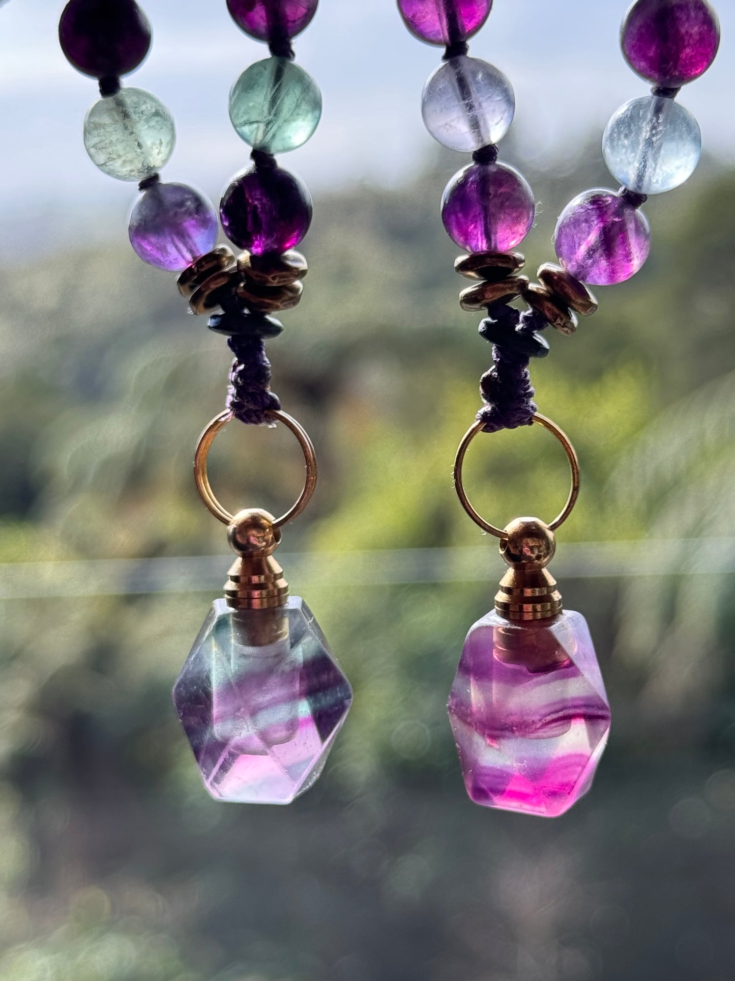 Pocket Mālā with Rainbow Fluorite beads and Oil Bottle