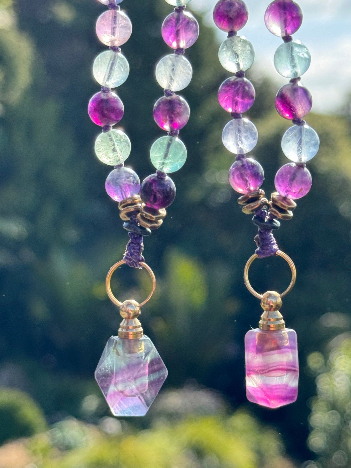 Pocket Mālā with Rainbow Fluorite beads and Oil Bottle