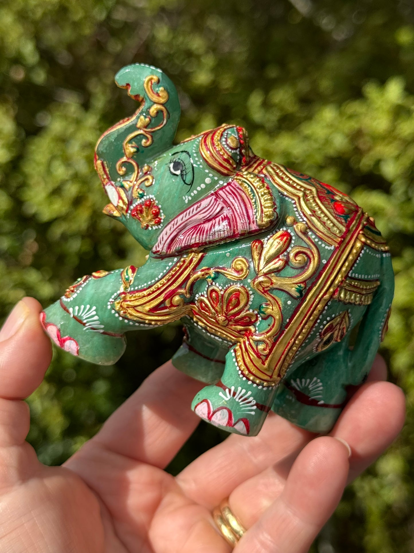 Green and Orange Aventurine mix Elephant, Hand Painted