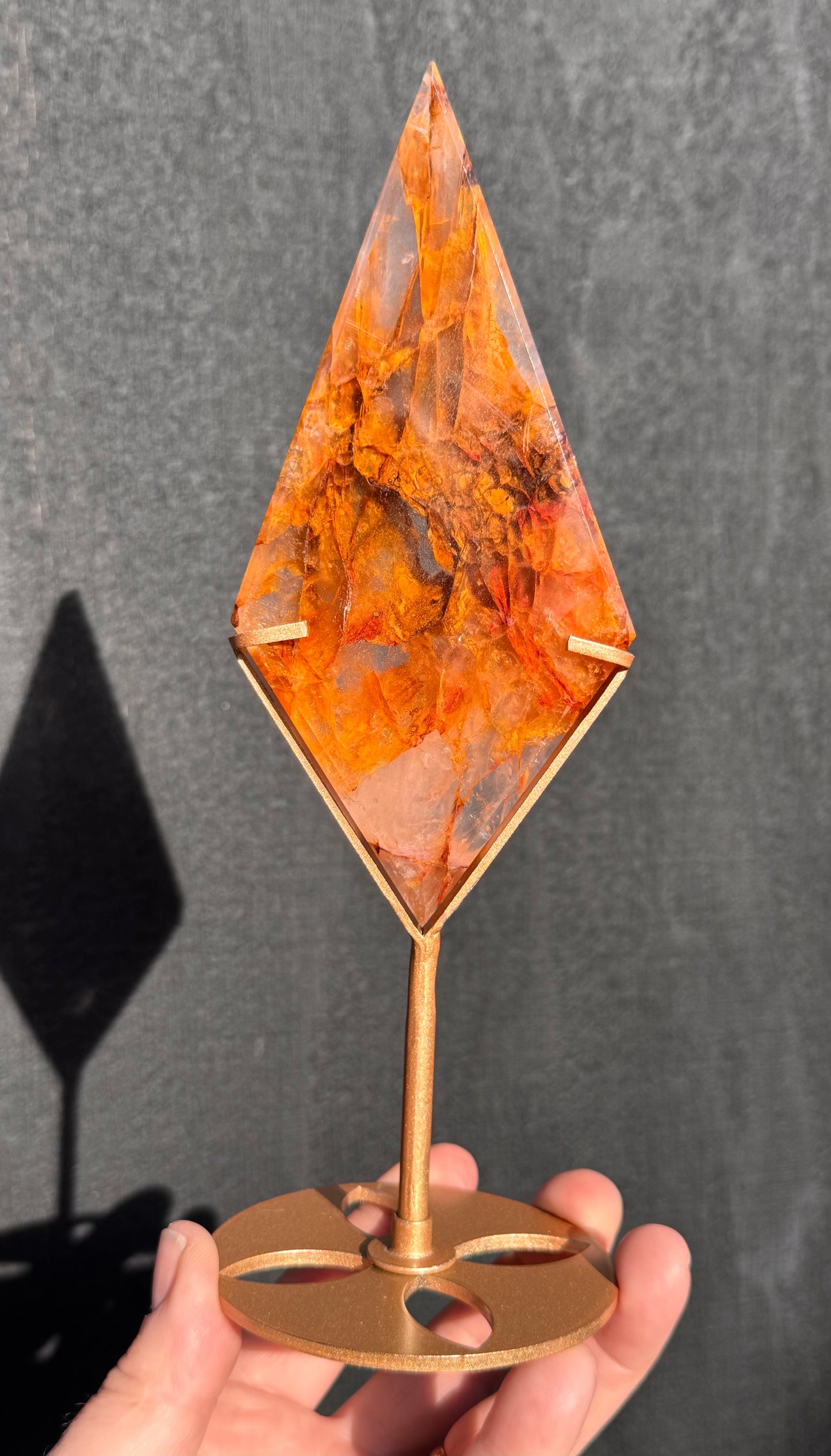 Golden Healer & Fire Quartz in Girasol Quartz Carved Diamond on Stand