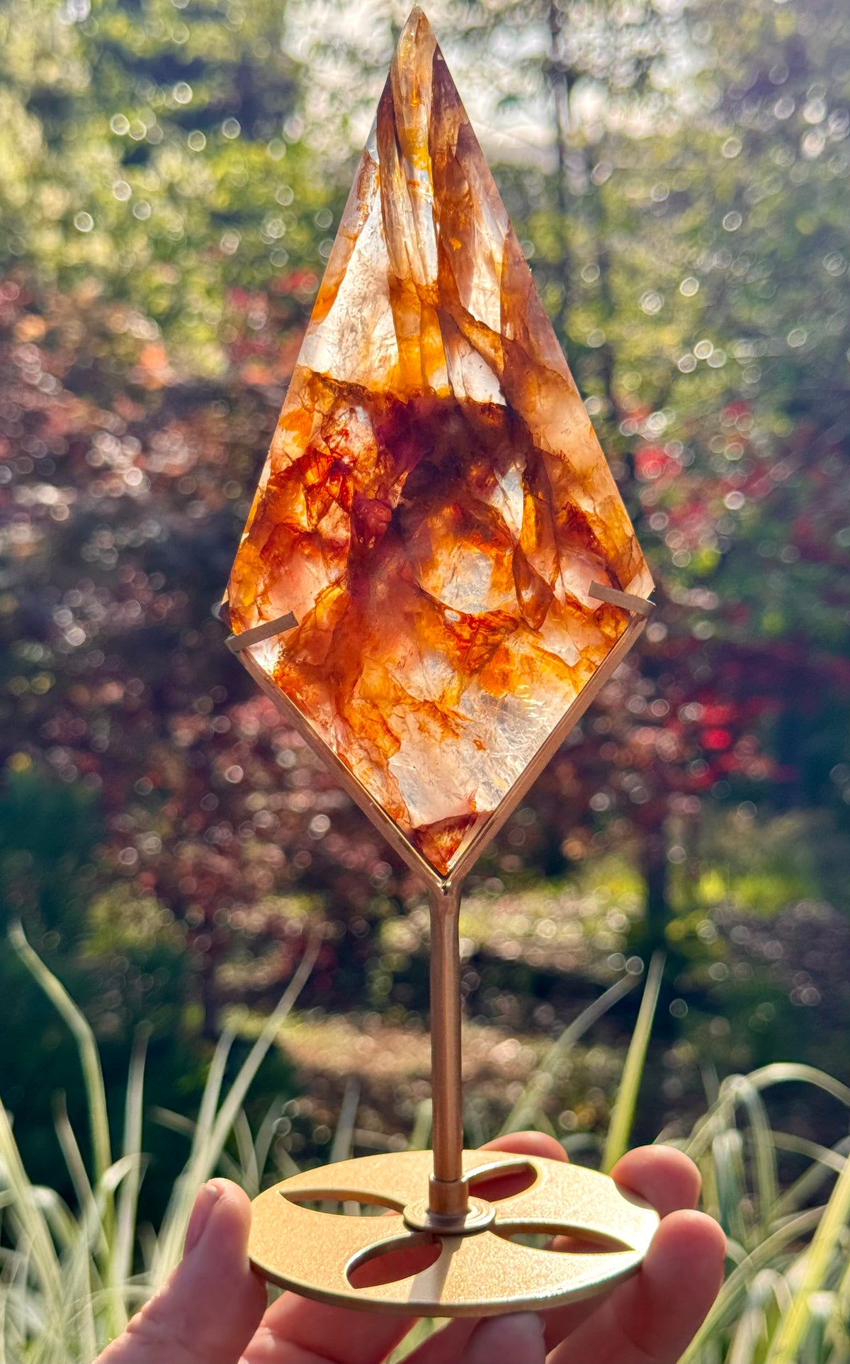 Golden Healer & Fire Quartz in Girasol Quartz Carved Diamond on Stand