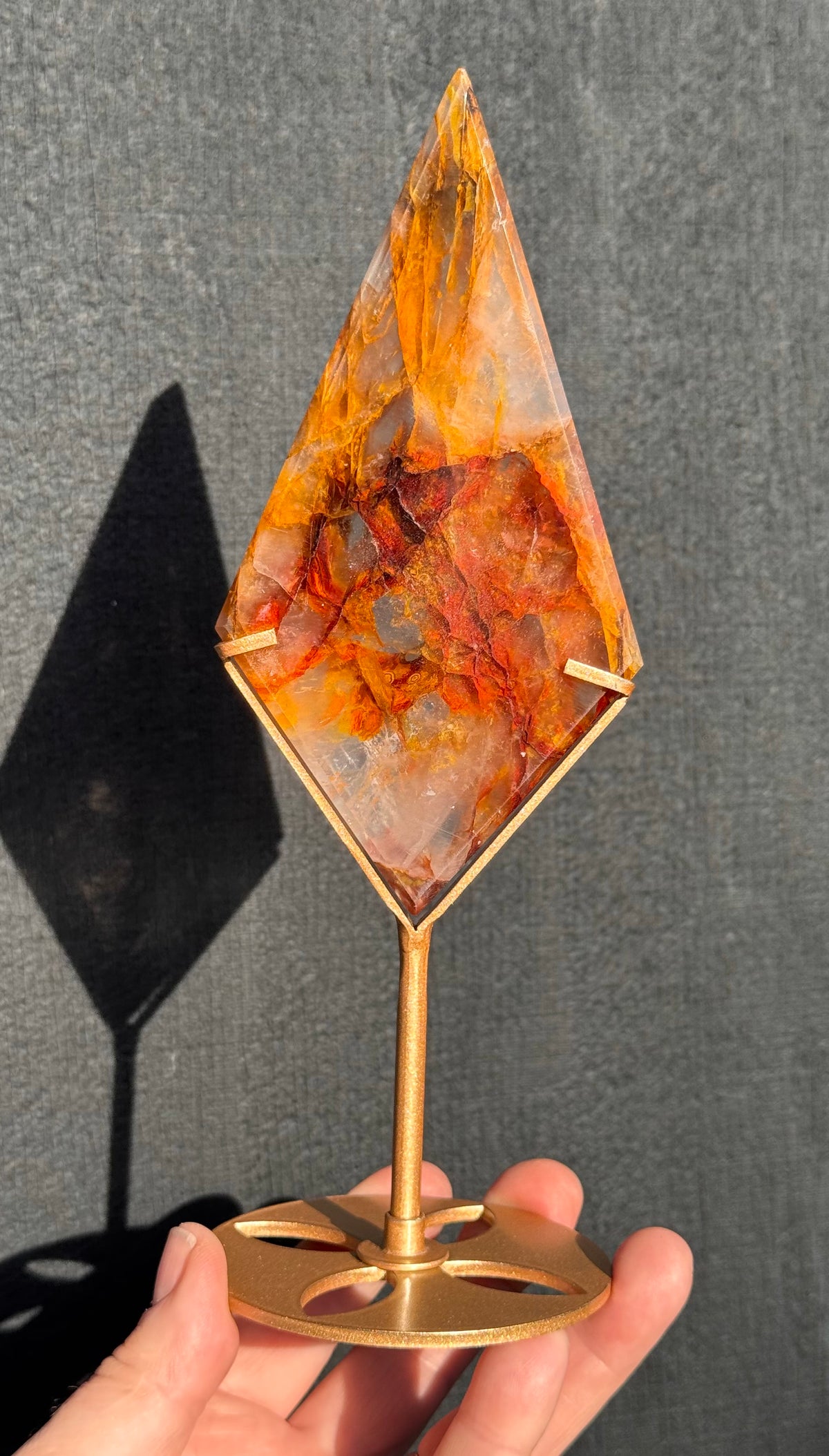 Golden Healer & Fire Quartz in Girasol Quartz Carved Diamond on Stand