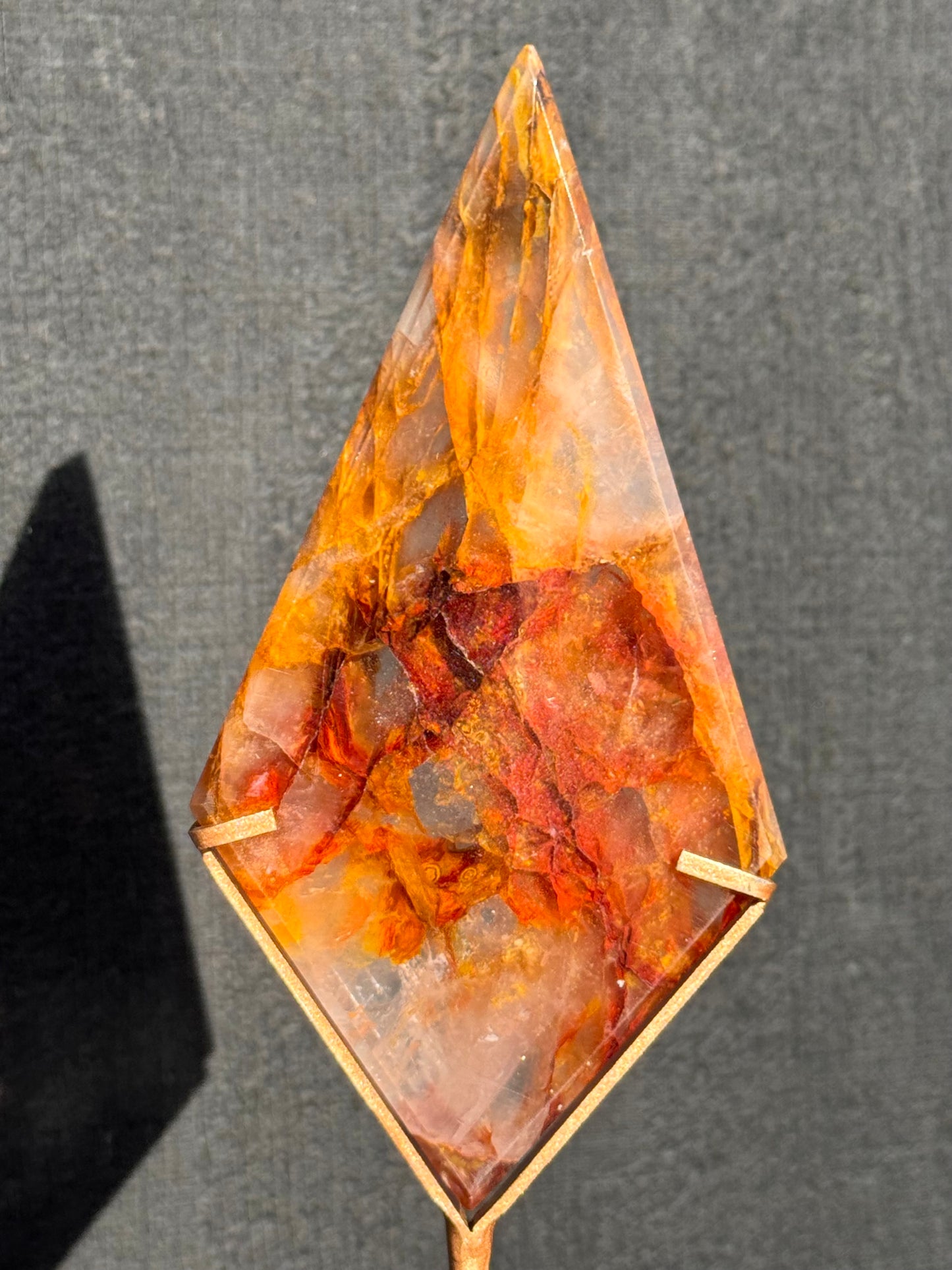 Golden Healer & Fire Quartz in Girasol Quartz Carved Diamond on Stand