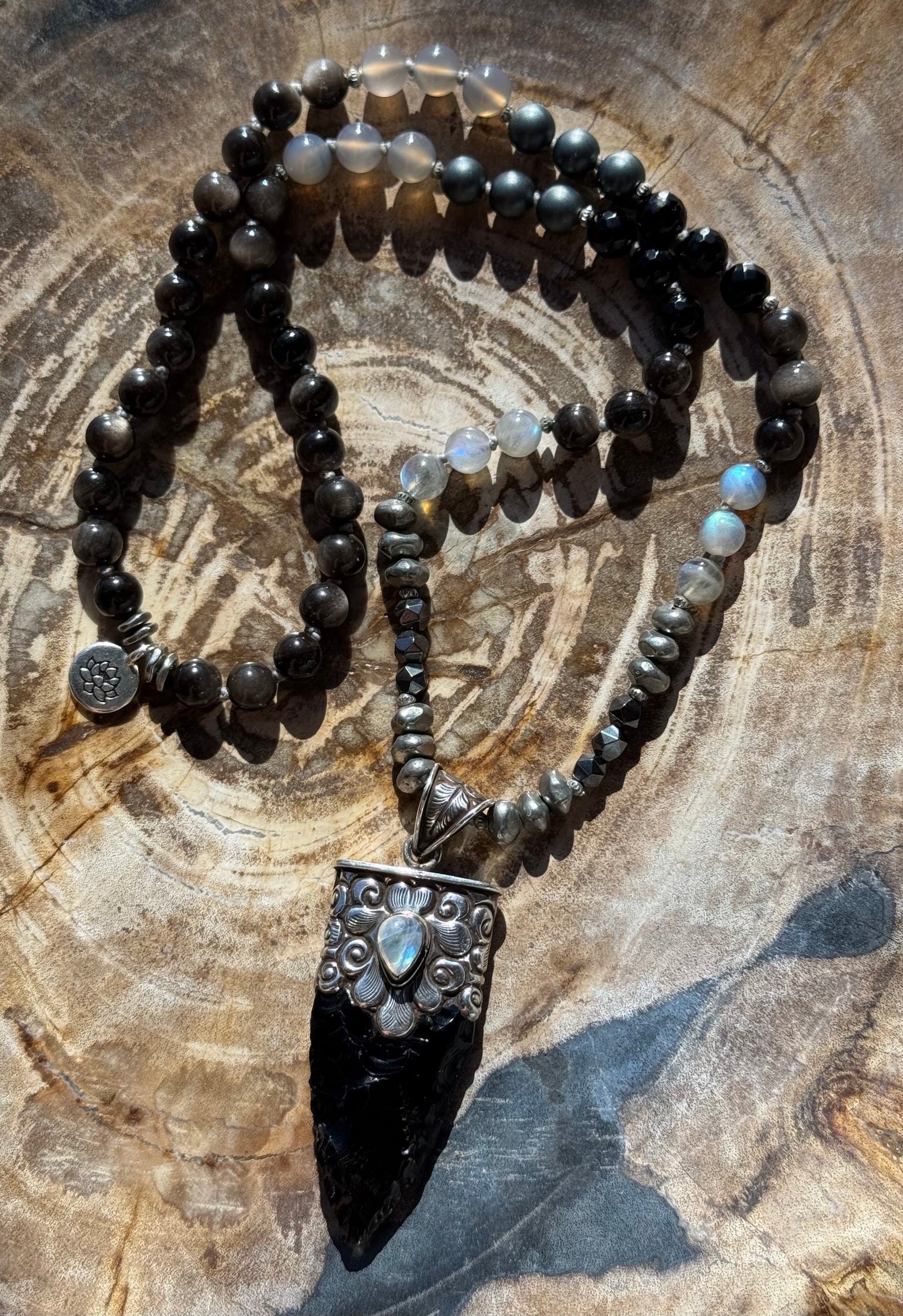 Mālā with Silver Sheen Obsidian, Labradorite, Grey Agate and Hematite Beads with a Nepalese Made Pendant
