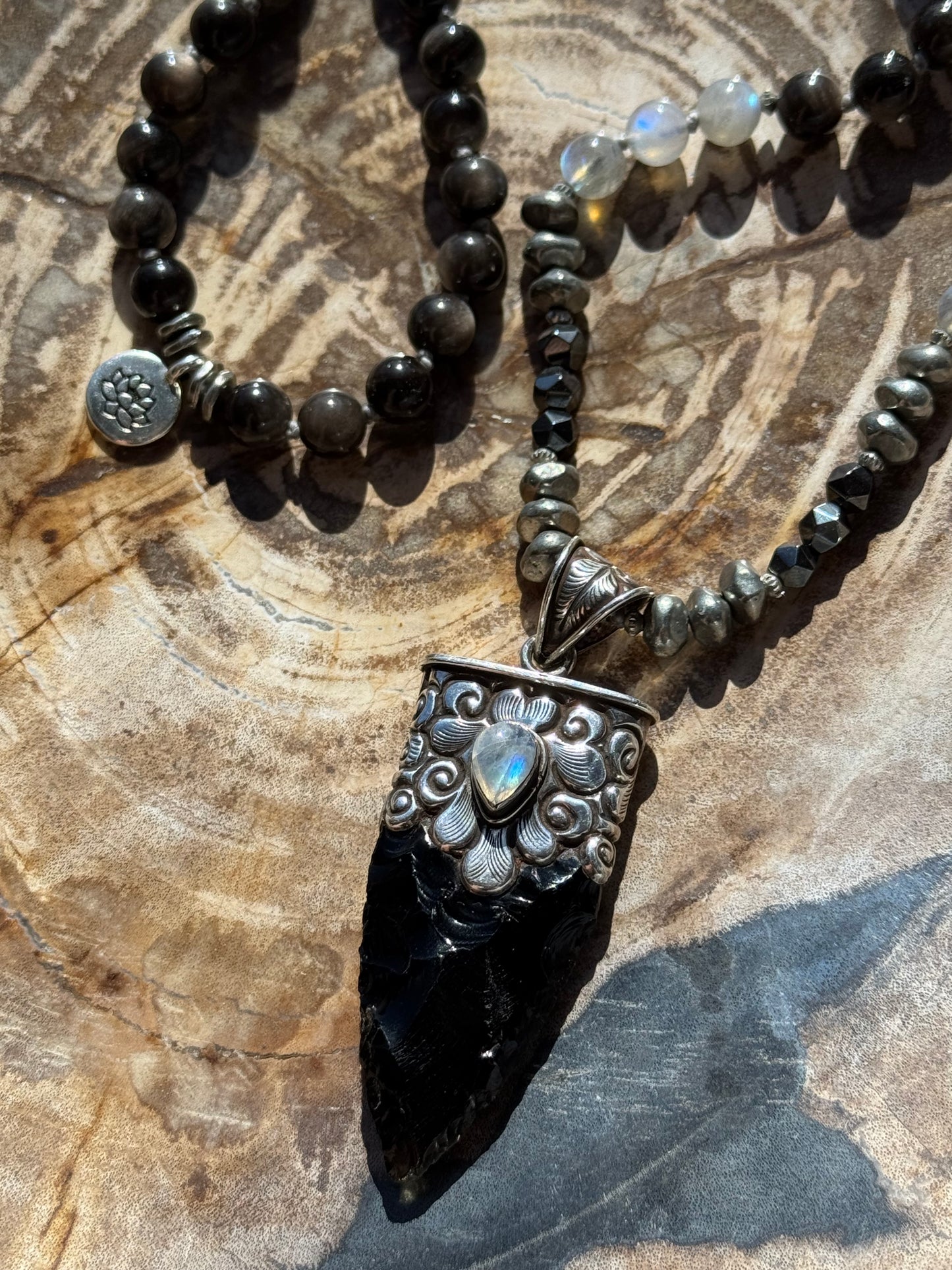 Mālā with Silver Sheen Obsidian, Labradorite, Grey Agate and Hematite Beads with a Nepalese Made Pendant
