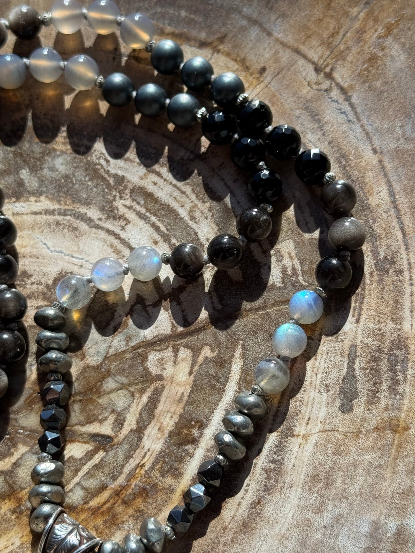 Mālā with Silver Sheen Obsidian, Labradorite, Grey Agate and Hematite Beads with a Nepalese Made Pendant