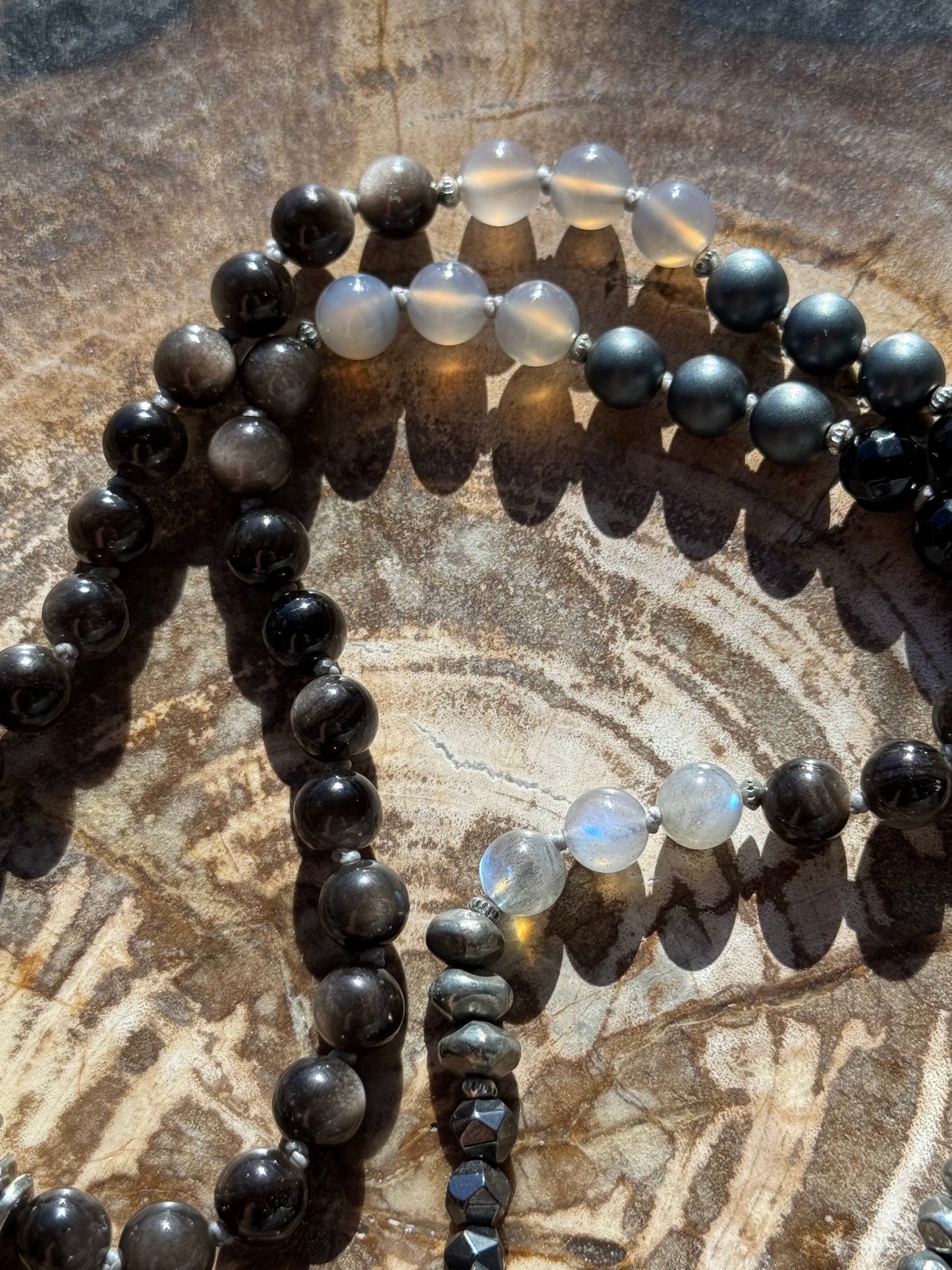 Mālā with Silver Sheen Obsidian, Labradorite, Grey Agate and Hematite Beads with a Nepalese Made Pendant