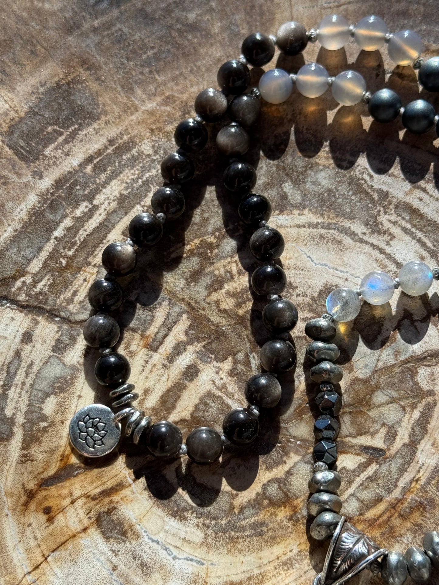 Mālā with Silver Sheen Obsidian, Labradorite, Grey Agate and Hematite Beads with a Nepalese Made Pendant