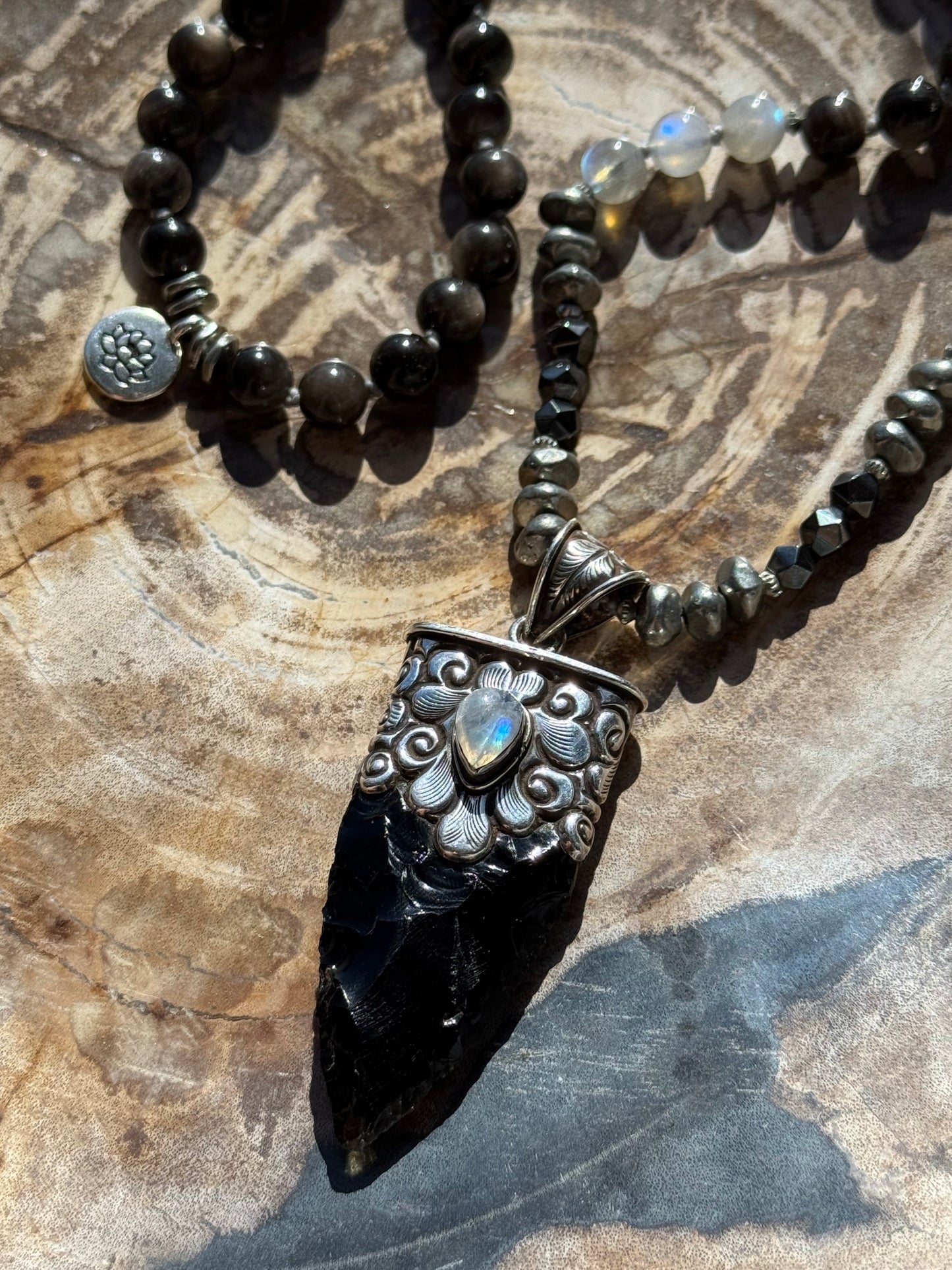 Mālā with Silver Sheen Obsidian, Labradorite, Grey Agate and Hematite Beads with a Nepalese Made Pendant