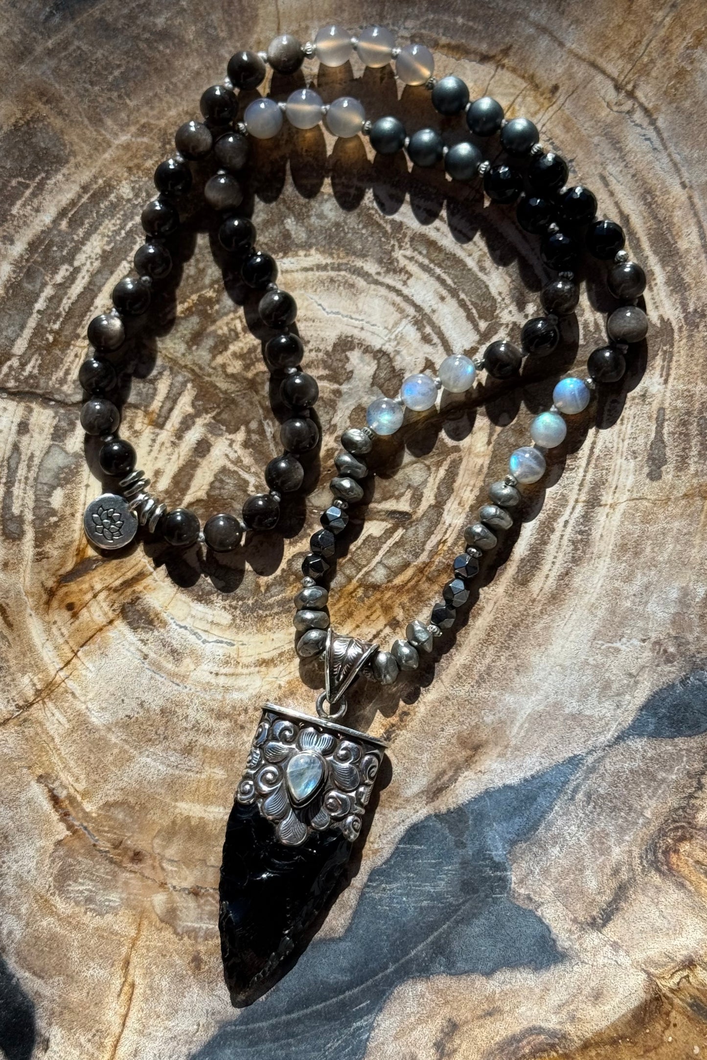 Mālā with Silver Sheen Obsidian, Labradorite, Grey Agate and Hematite Beads with a Nepalese Made Pendant