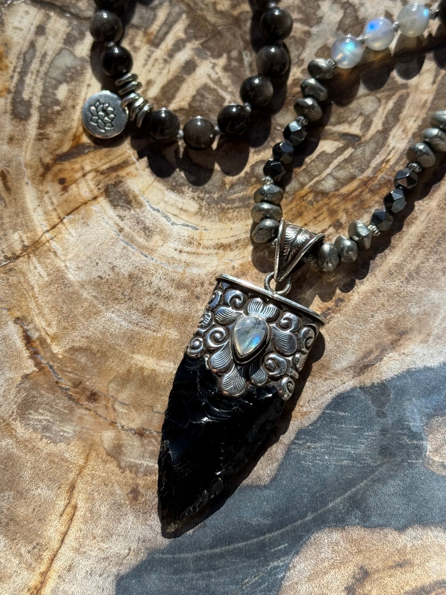 Mālā with Silver Sheen Obsidian, Labradorite, Grey Agate and Hematite Beads with a Nepalese Made Pendant