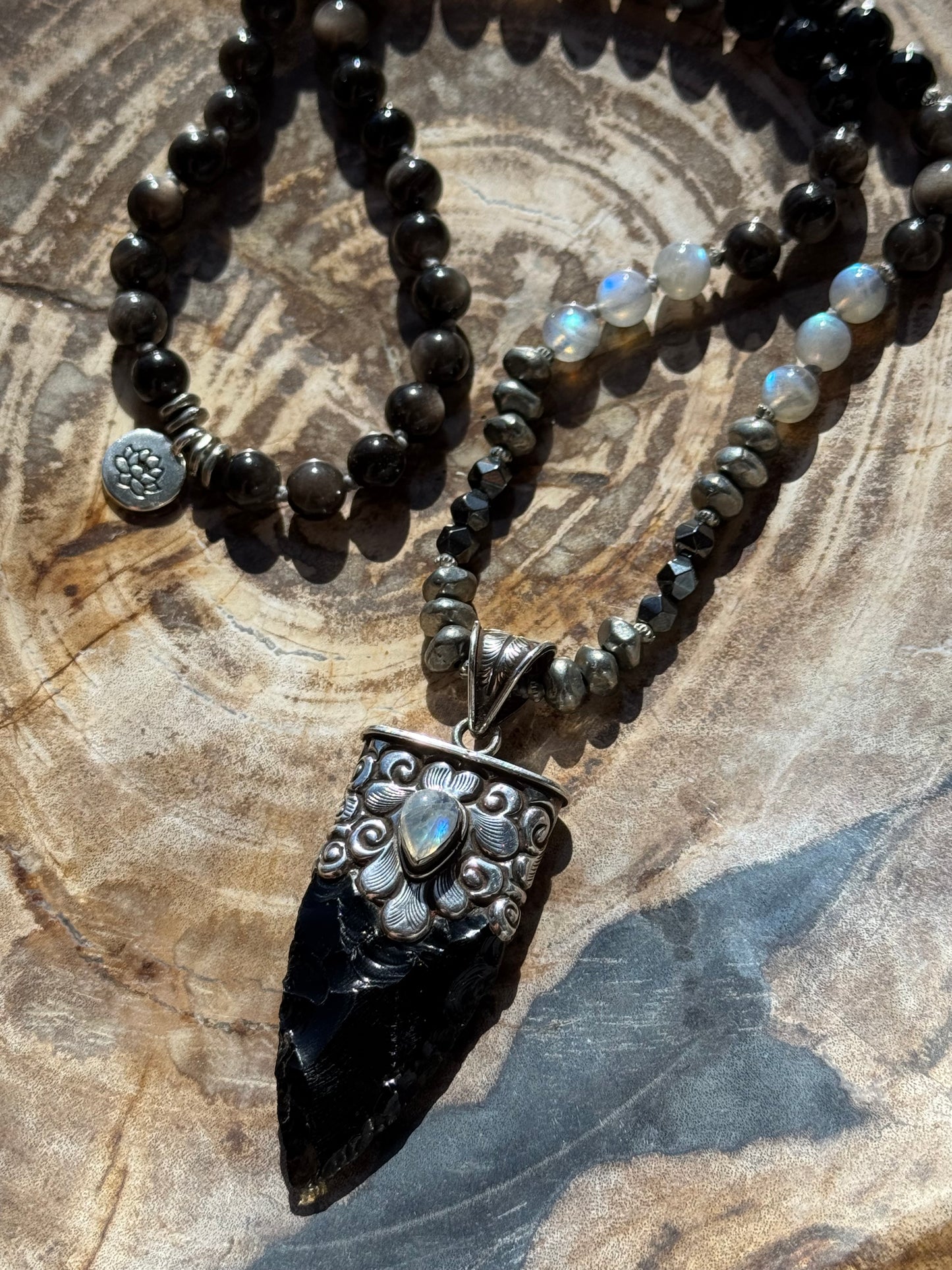 Mālā with Silver Sheen Obsidian, Labradorite, Grey Agate and Hematite Beads with a Nepalese Made Pendant